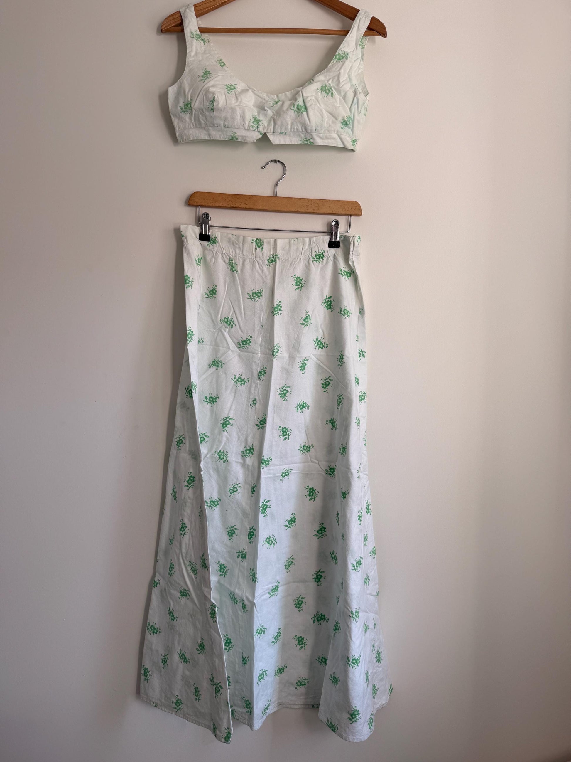 Vintage Liberty Fabric Two Piece Set | 1970s Floral Crop Top & Maxi Skirt | White Green Co-Ord | Cottagecore Summer Outfit | Boho Vintage