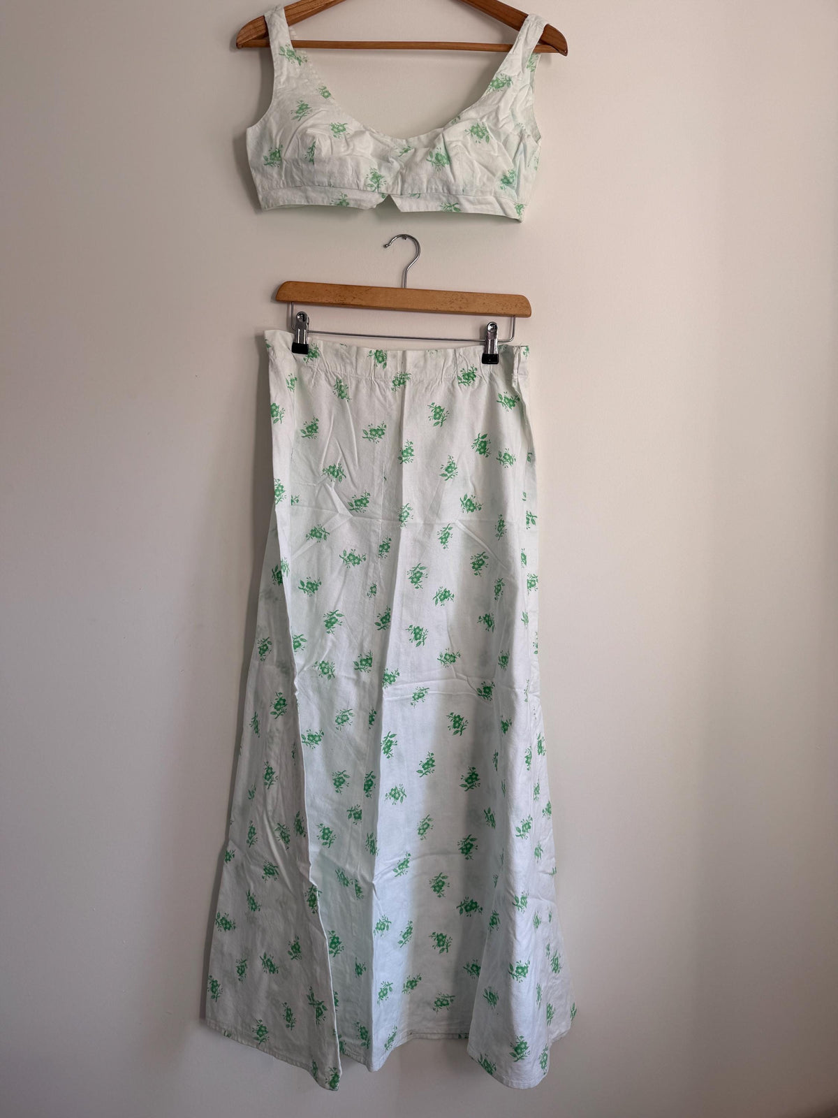 Vintage Liberty Fabric Two Piece Set | 1970s Floral Crop Top & Maxi Skirt | White Green Co-Ord | Cottagecore Summer Outfit | Boho Vintage