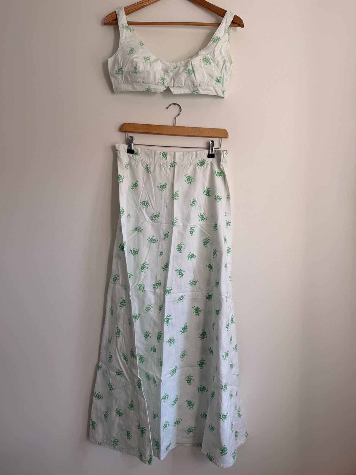 Vintage Liberty Fabric Two Piece Set | 1970s Floral Crop Top & Maxi Skirt | White Green Co-Ord | Cottagecore Summer Outfit | Boho Vintage