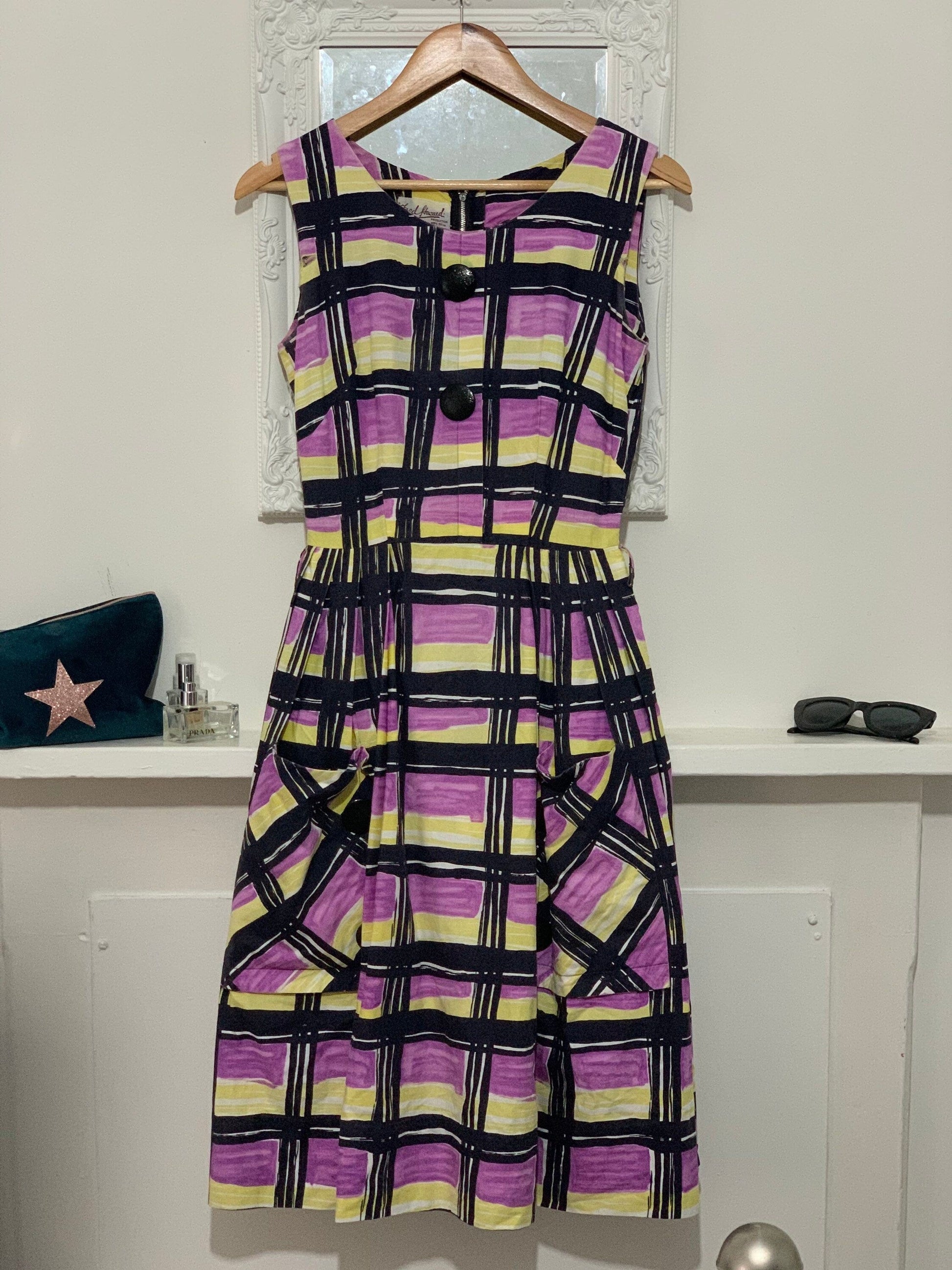 Fred Howard Vintage Dress Purple and Yellow Check Big Buttons Big Front Pockets