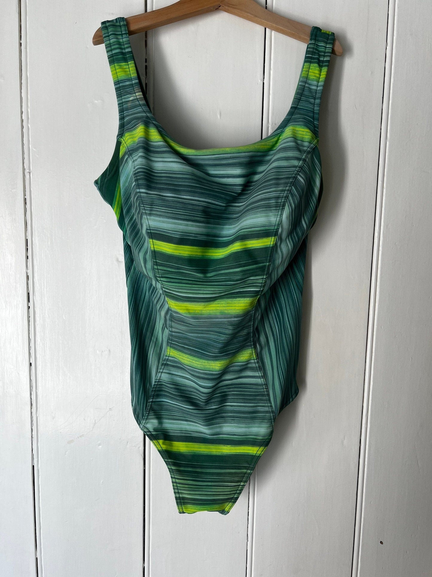 Green Stripe Swimsuit 80s Swimming Costume UK12-14 B cup