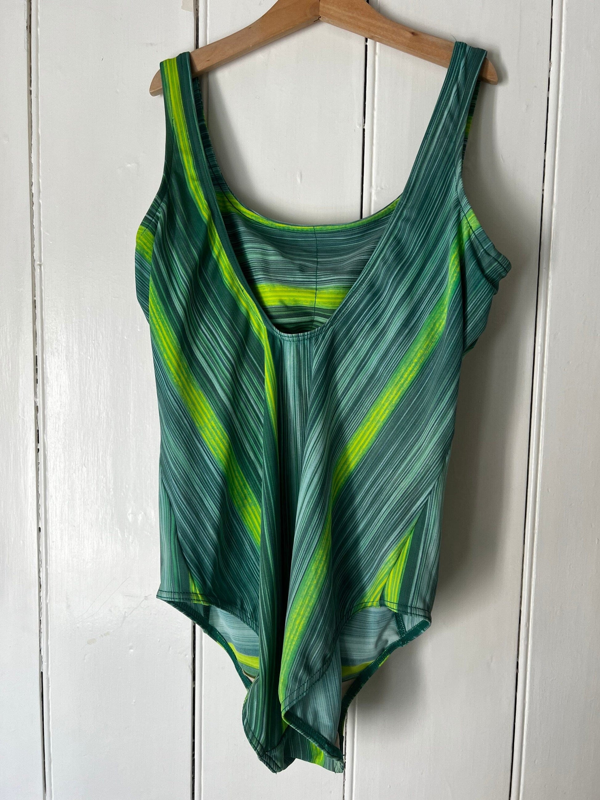 Green Stripe Swimsuit 80s Swimming Costume UK12-14 B cup