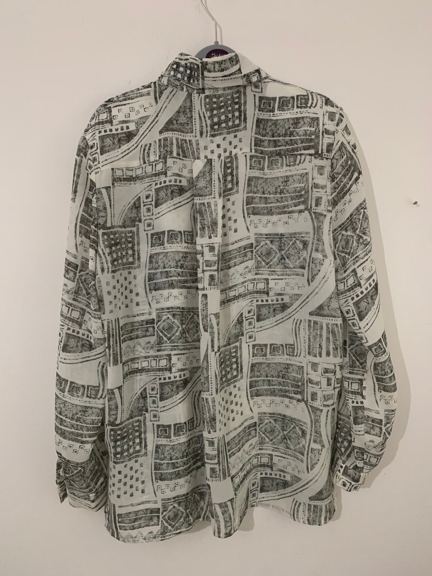 Grey Abstract Vintage Blouse Semi Sheer button Through Boxy long Sleeves - Size 14