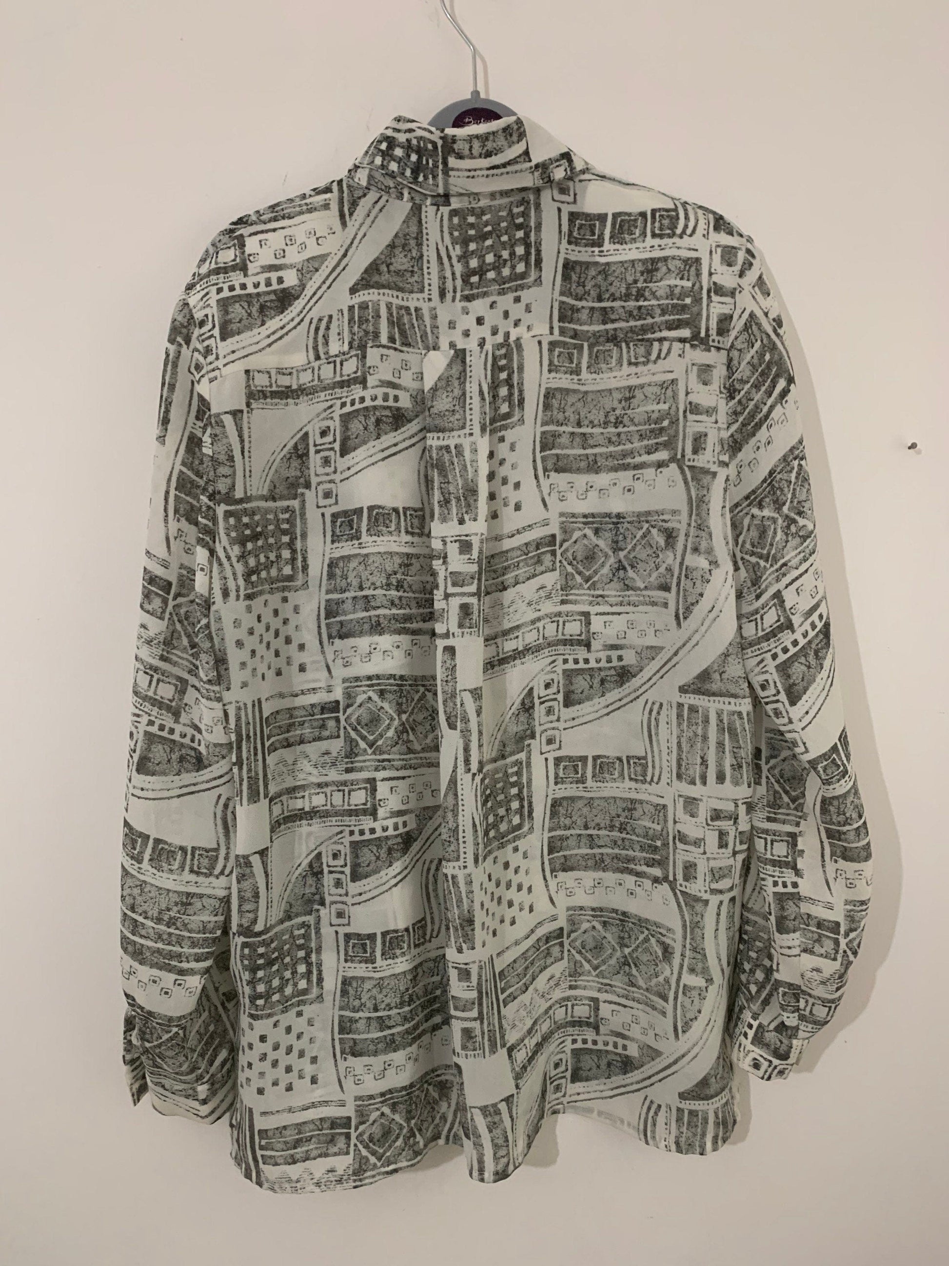 Grey Abstract Vintage Blouse Semi Sheer button Through Boxy long Sleeves - Size 14