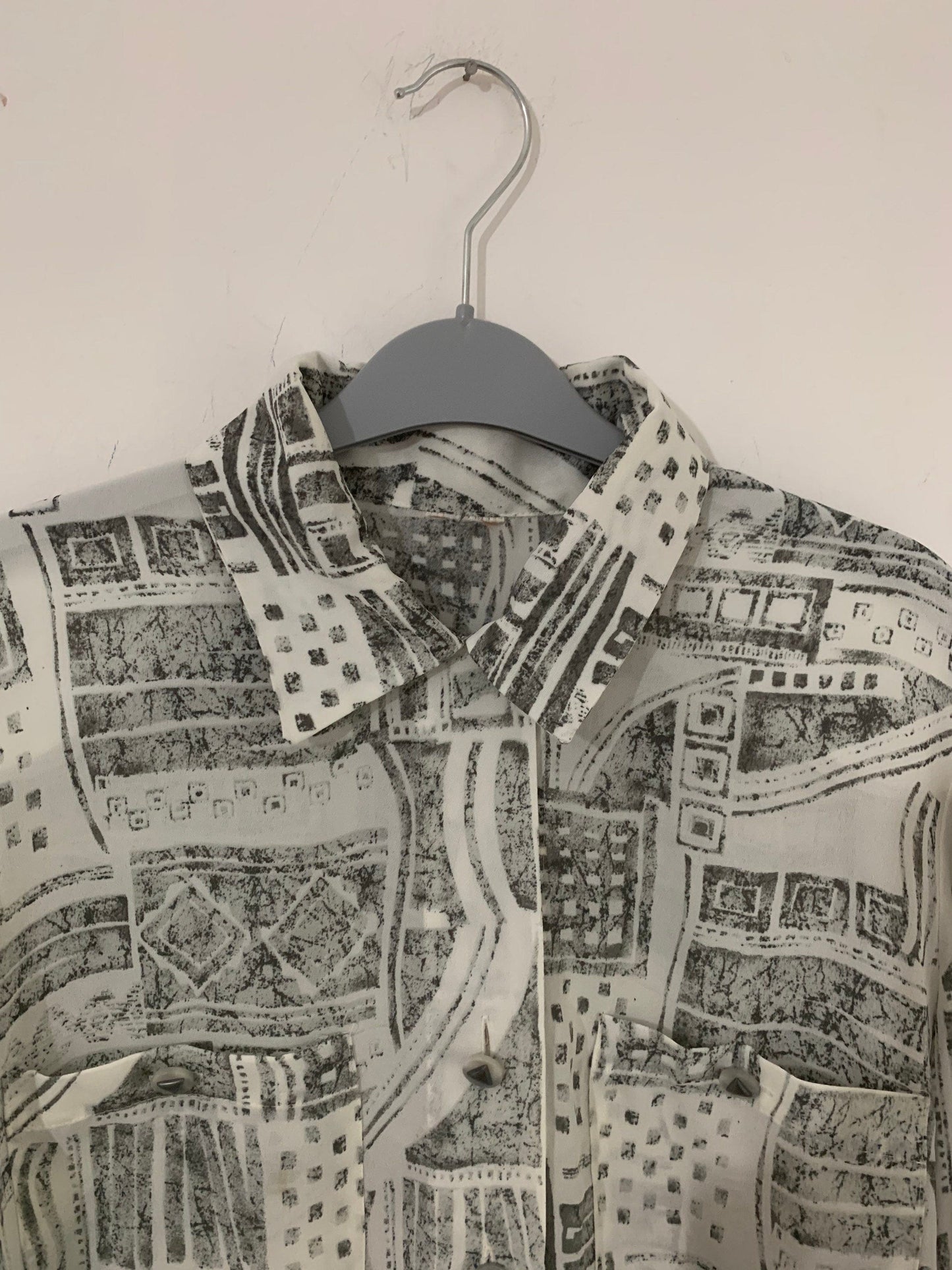 Grey Abstract Vintage Blouse Semi Sheer button Through Boxy long Sleeves - Size 14