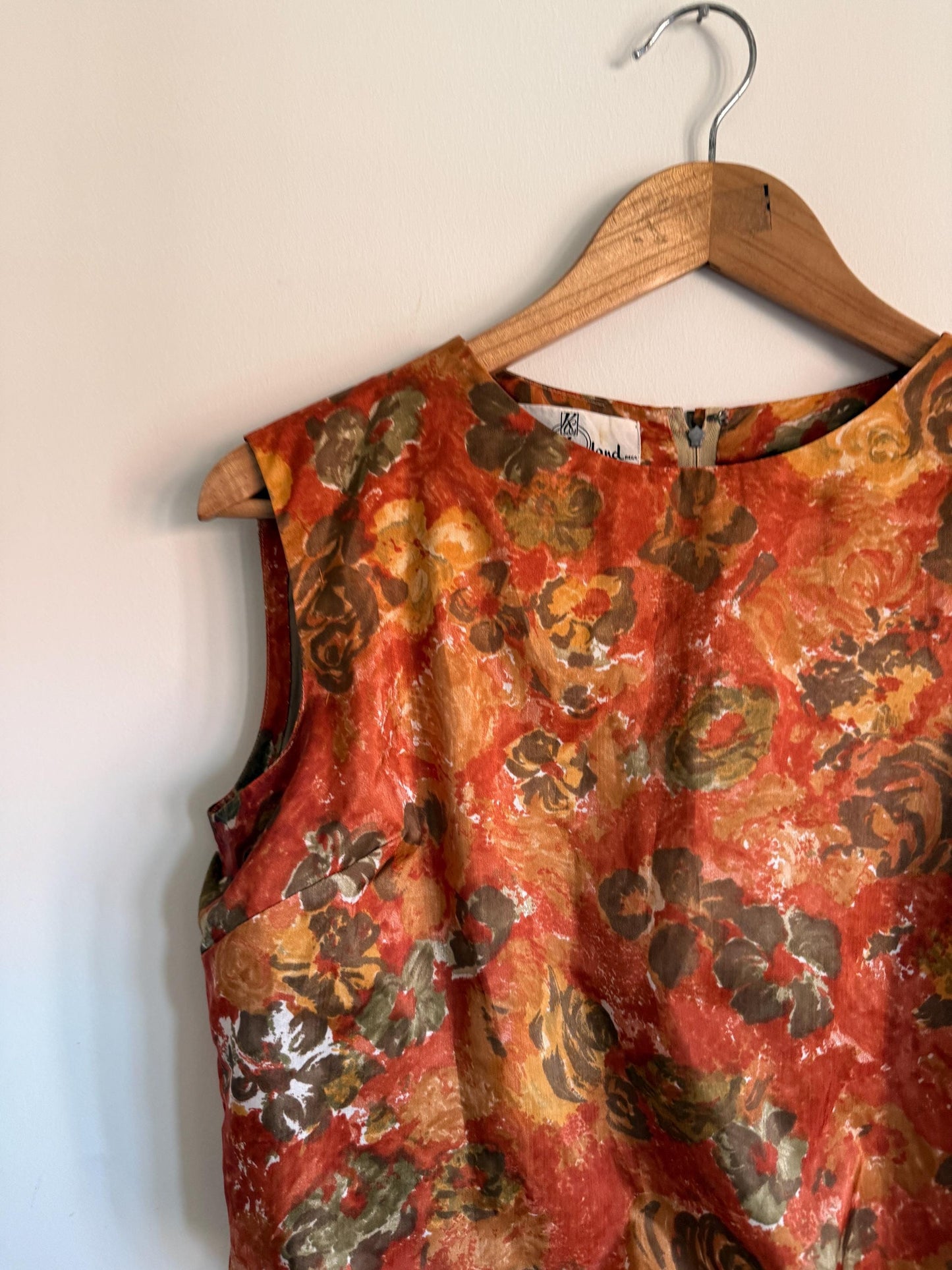 Kitty Copeland Floral Midi Dress: 1950s Autumn Pleated Dacron Day Dress