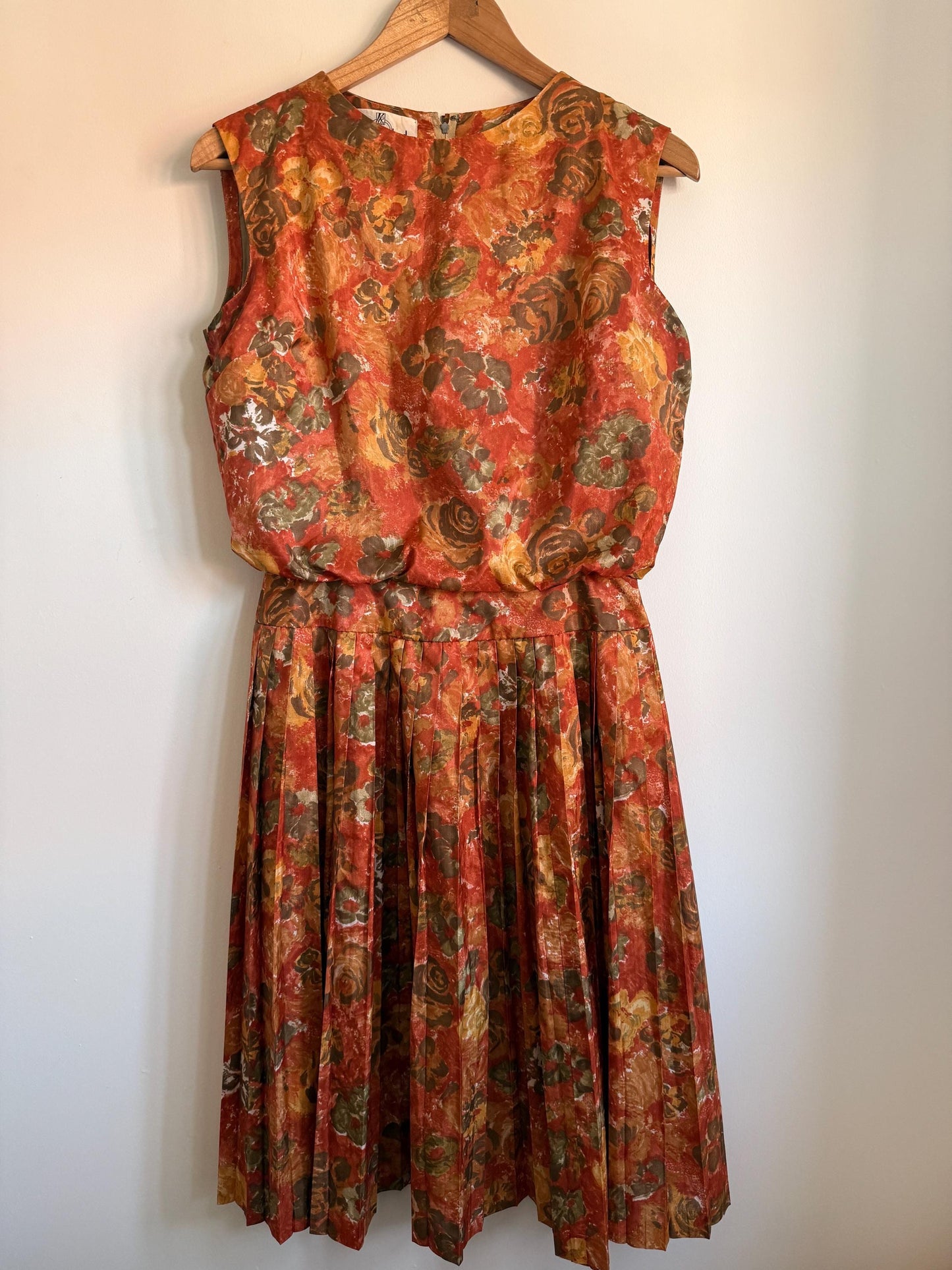 Kitty Copeland Floral Midi Dress: 1950s Autumn Pleated Dacron Day Dress