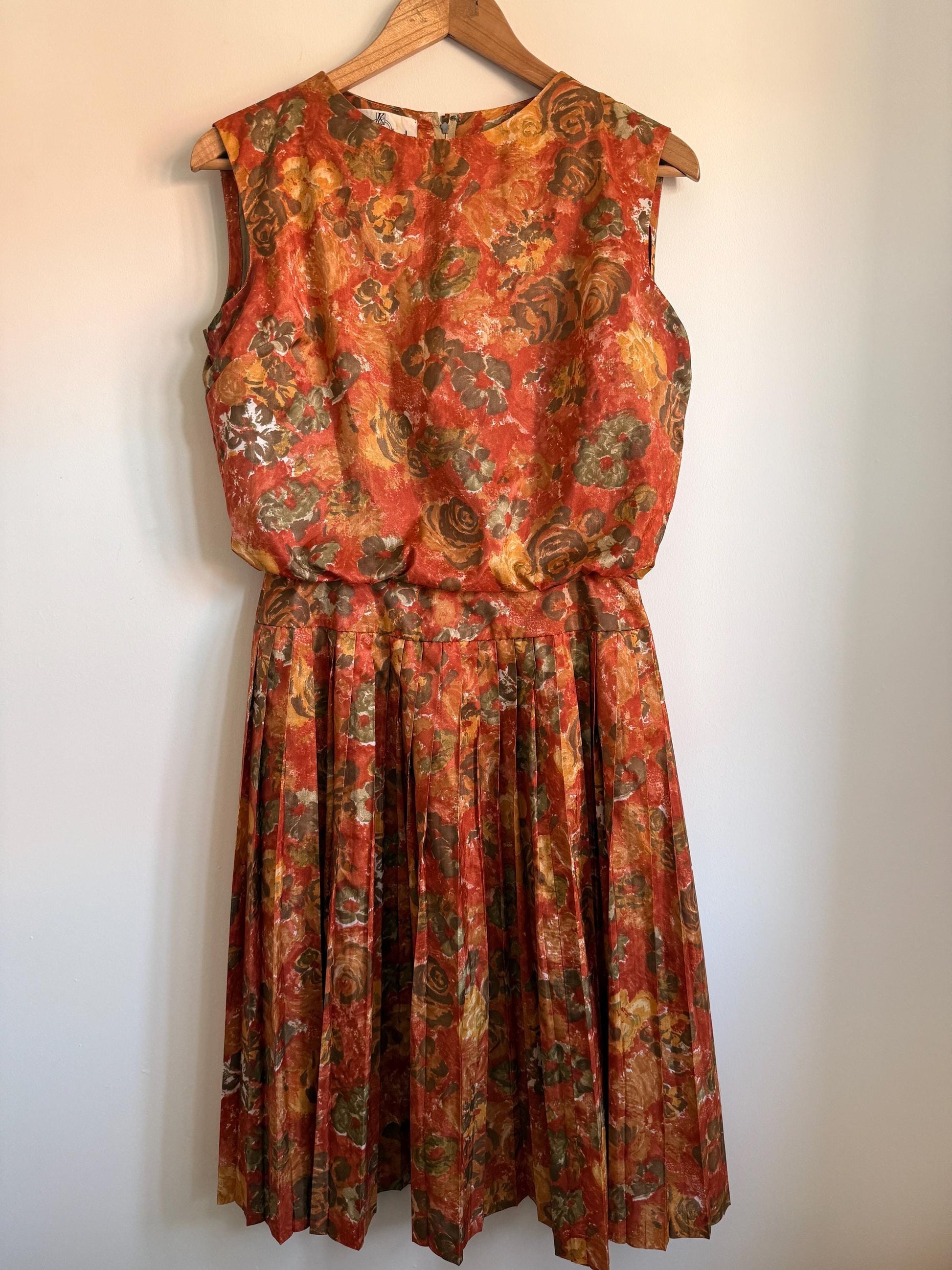 Kitty Copeland Floral Midi Dress: 1950s Autumn Pleated Dacron Day Dress