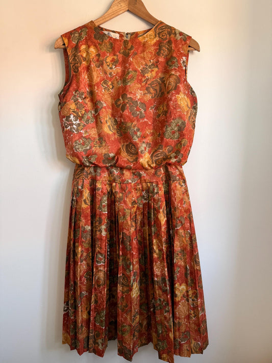 Kitty Copeland Floral Midi Dress: 1950s Autumn Pleated Dacron Day Dress