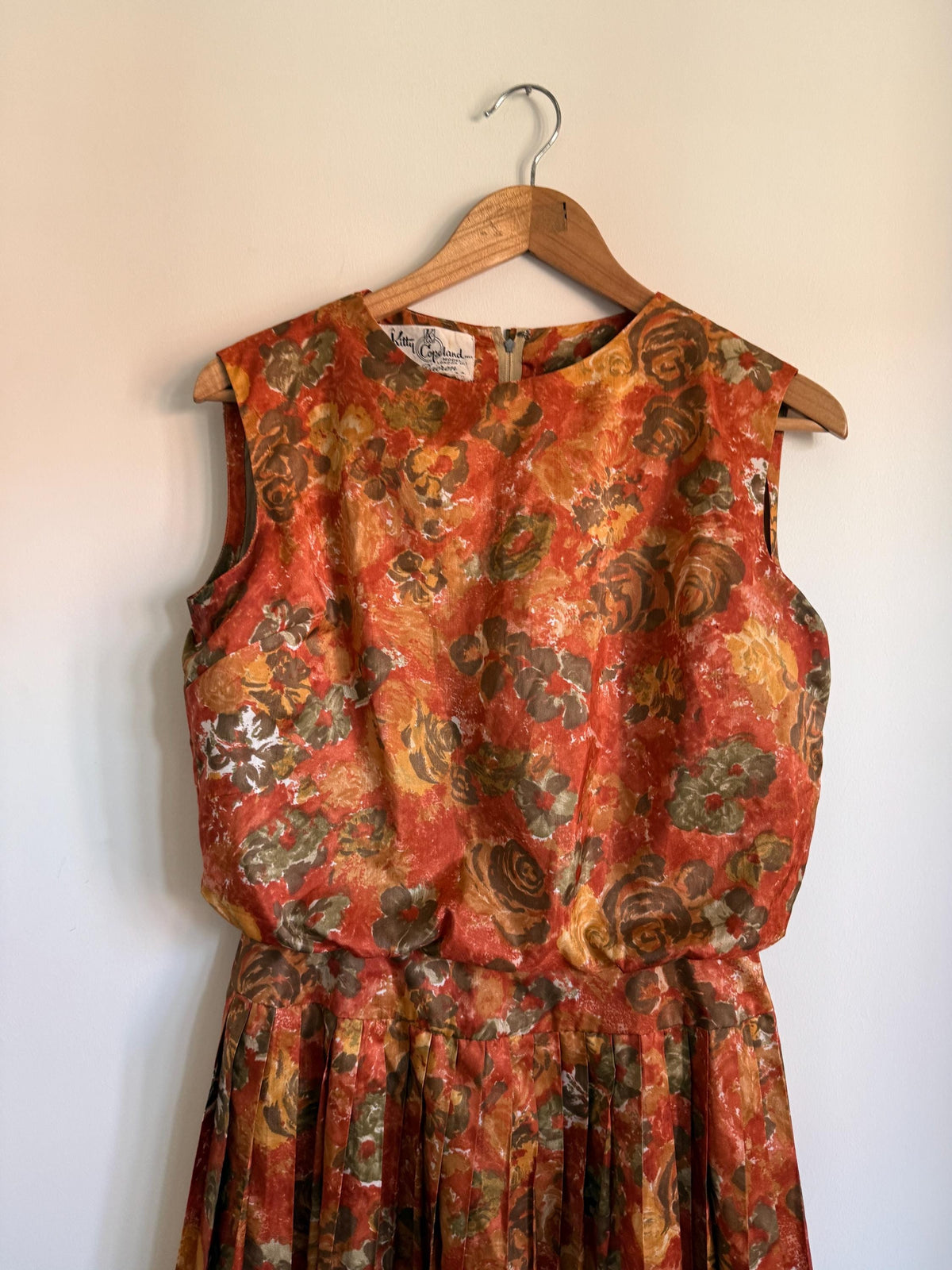 Kitty Copeland Floral Midi Dress: 1950s Autumn Pleated Dacron Day Dress
