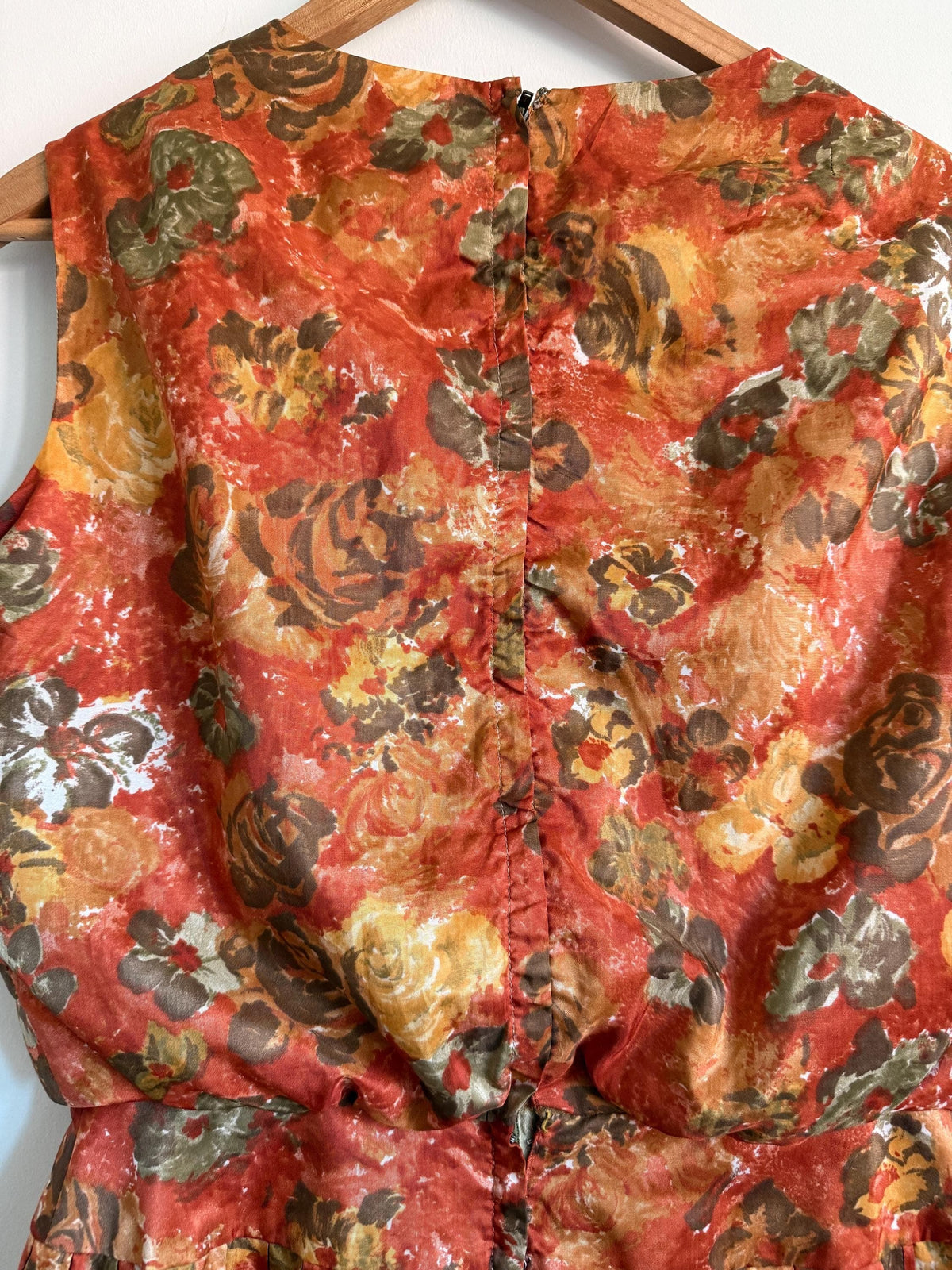 Kitty Copeland Floral Midi Dress: 1950s Autumn Pleated Dacron Day Dress