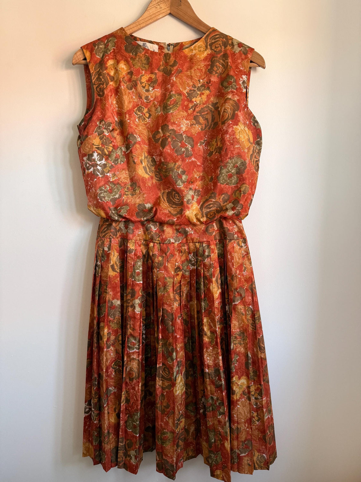 Kitty Copeland Floral Midi Dress: 1950s Autumn Pleated Dacron Day Dress