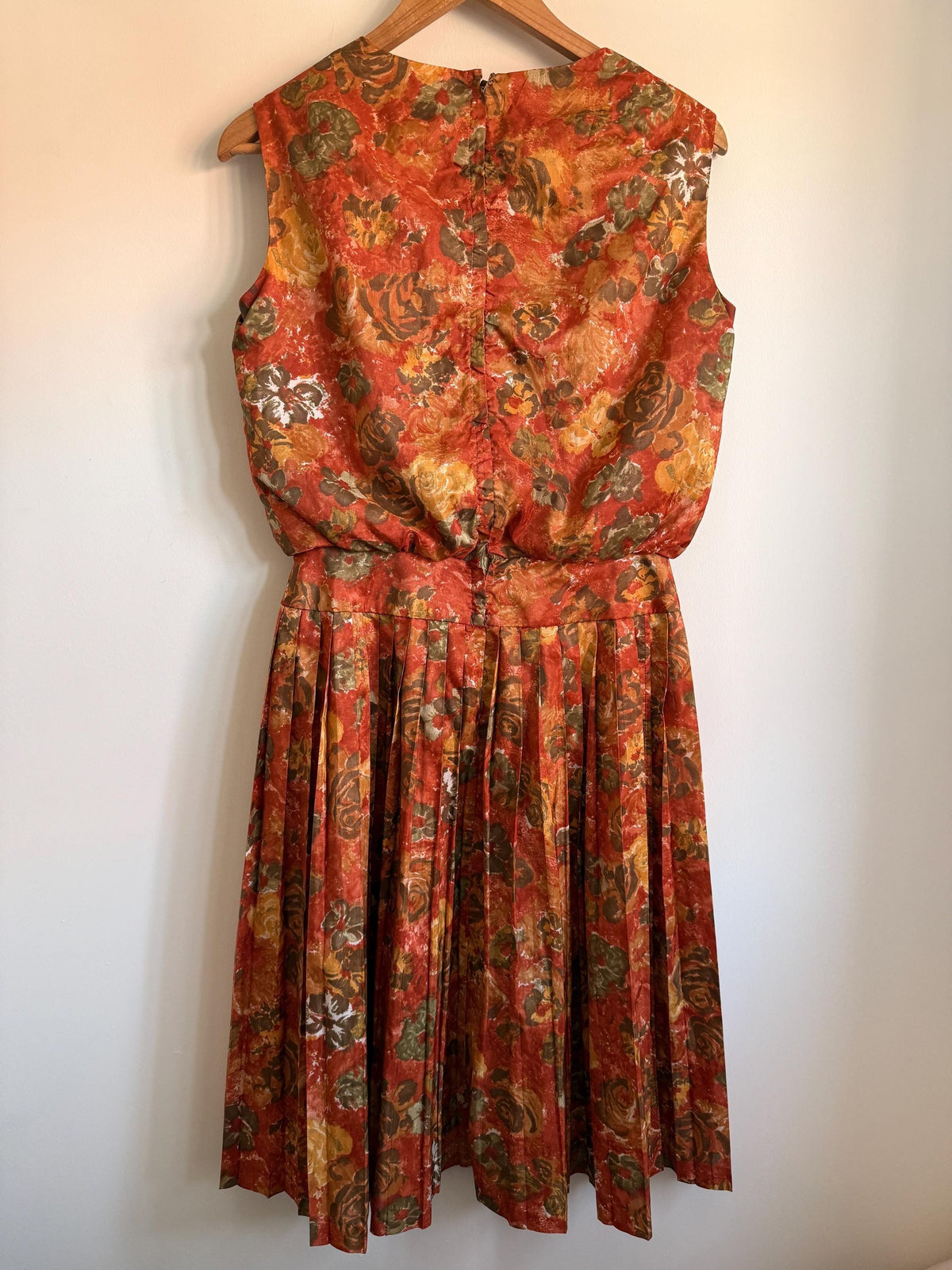 Kitty Copeland Floral Midi Dress: 1950s Autumn Pleated Dacron Day Dress