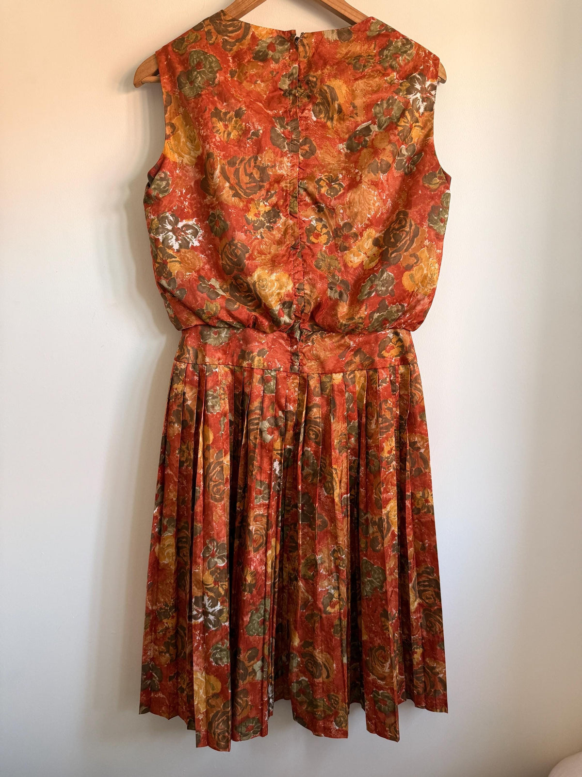 Kitty Copeland Floral Midi Dress: 1950s Autumn Pleated Dacron Day Dress