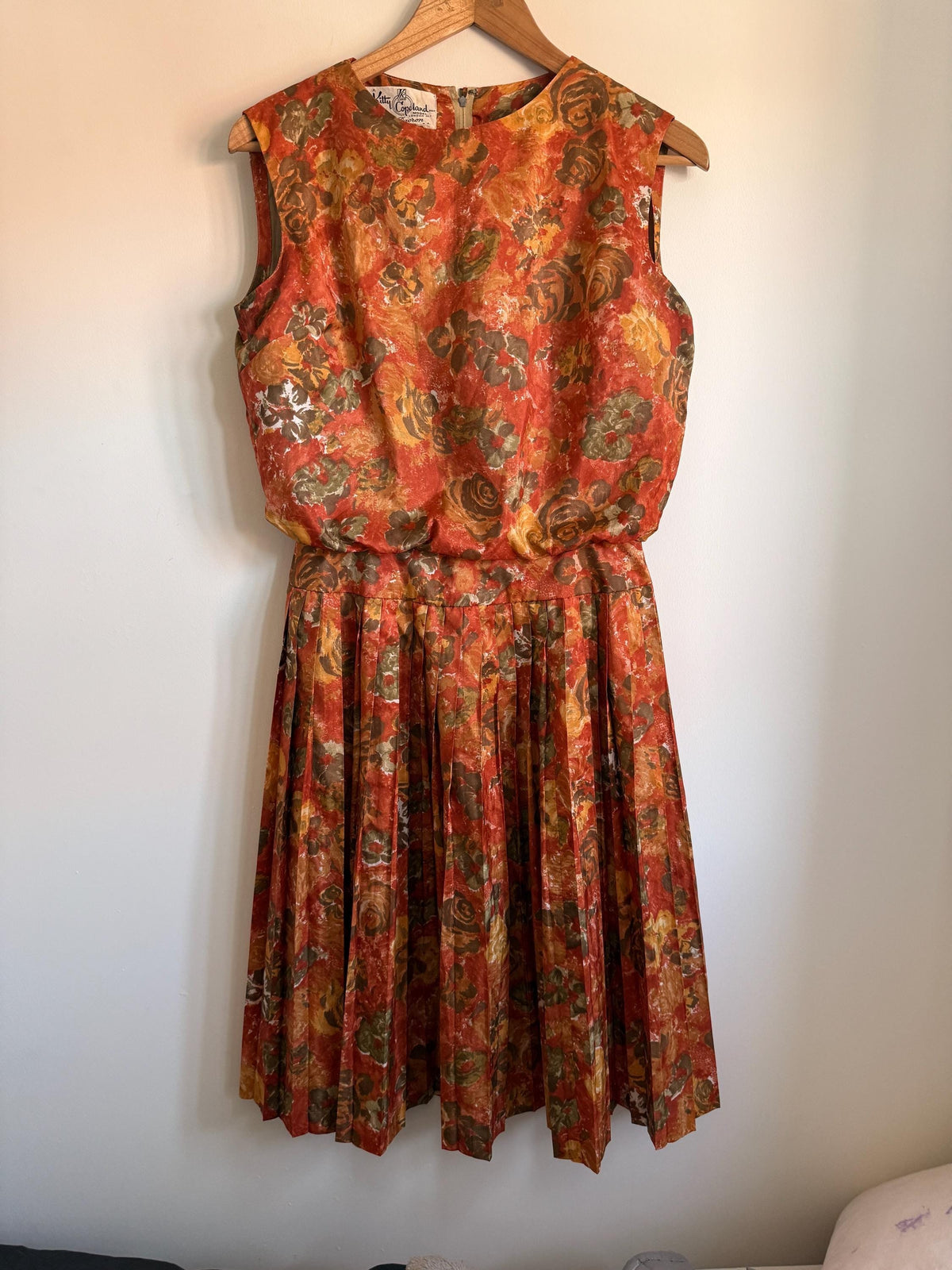 Kitty Copeland Floral Midi Dress: 1950s Autumn Pleated Dacron Day Dress