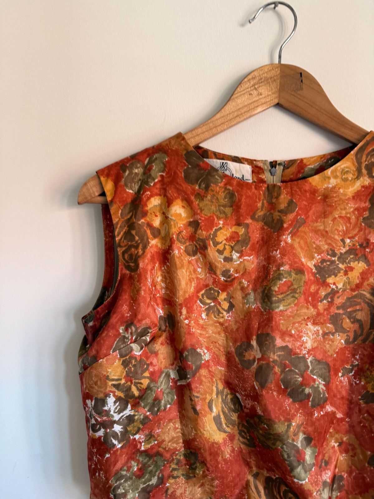 Kitty Copeland Floral Midi Dress: 1950s Autumn Pleated Dacron Day Dress