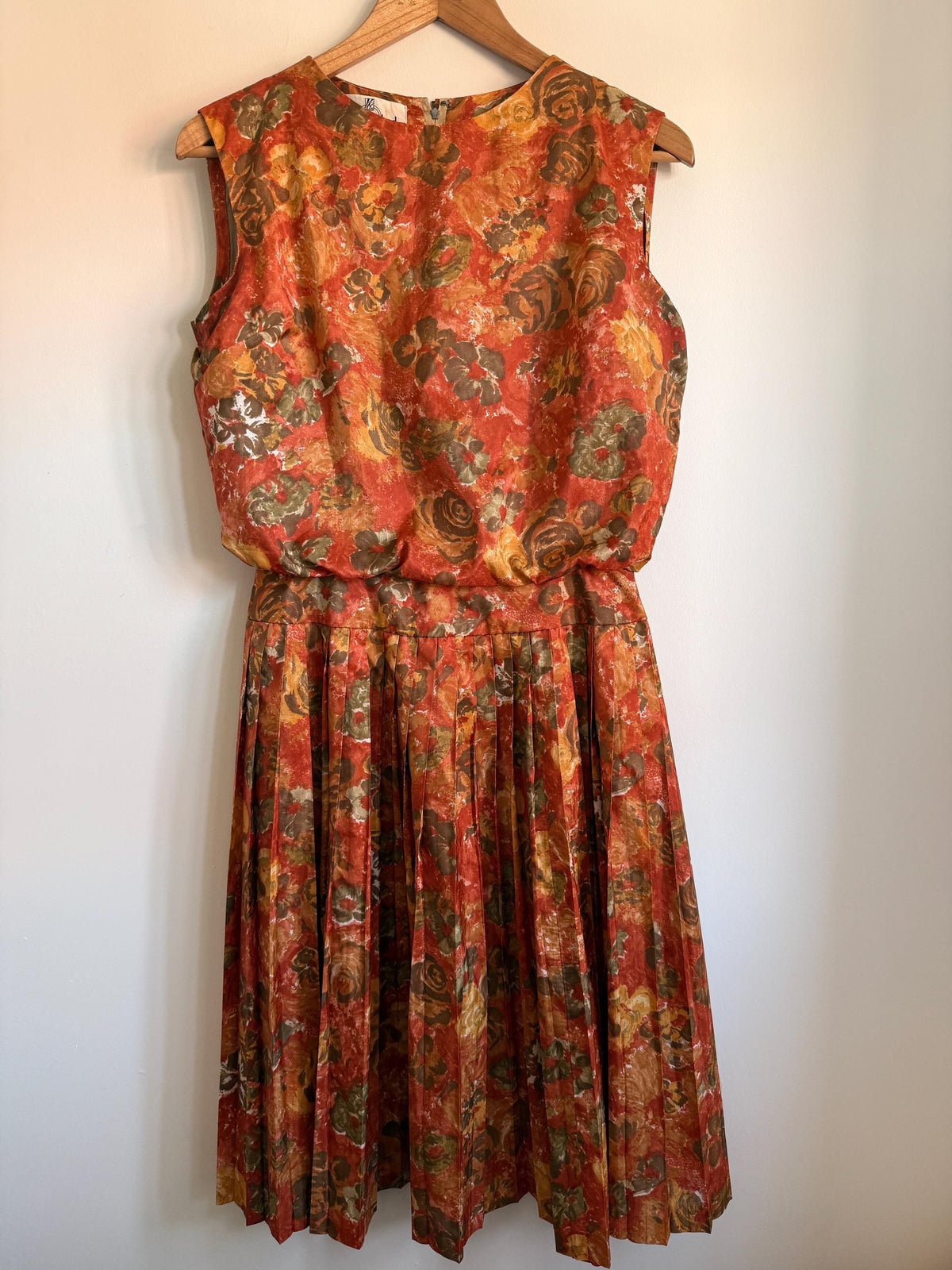 Kitty Copeland Floral Midi Dress: 1950s Autumn Pleated Dacron Day Dress