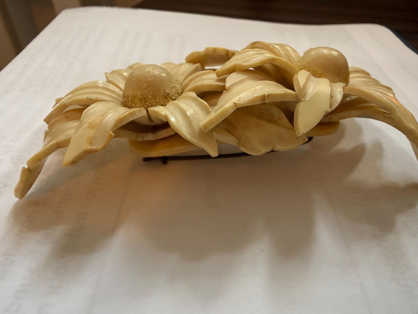 Large 1930s Celluloid Triple Flower Brooch Cream Daisy Floral Spray Art Deco Statement Jewellery