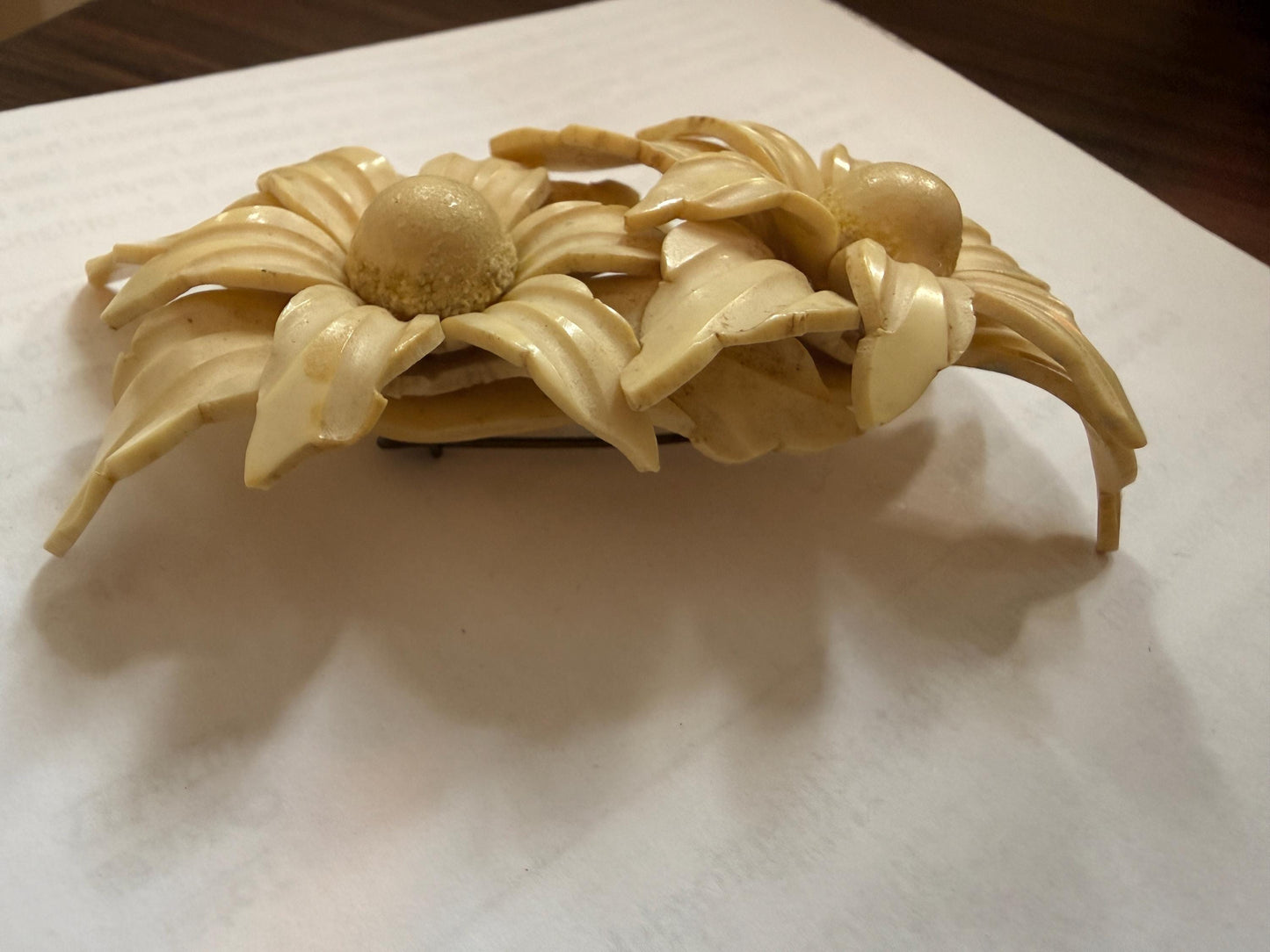 Large 1930s Celluloid Triple Flower Brooch Cream Daisy Floral Spray Art Deco Statement Jewellery