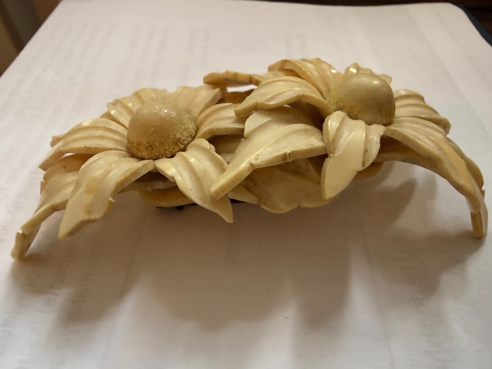 Large 1930s Celluloid Triple Flower Brooch Cream Daisy Floral Spray Art Deco Statement Jewellery