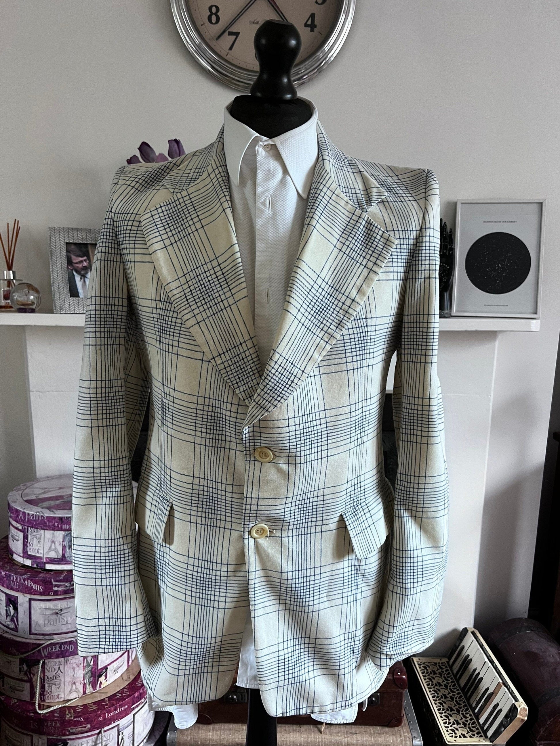 Men’s Vintage 60s Take 6 Jacket White Blue Check Plaid Jacket 1960s Vintage Dress Jacket, Vintage Blazer, Vintage Menswear, Vintage Jacket,