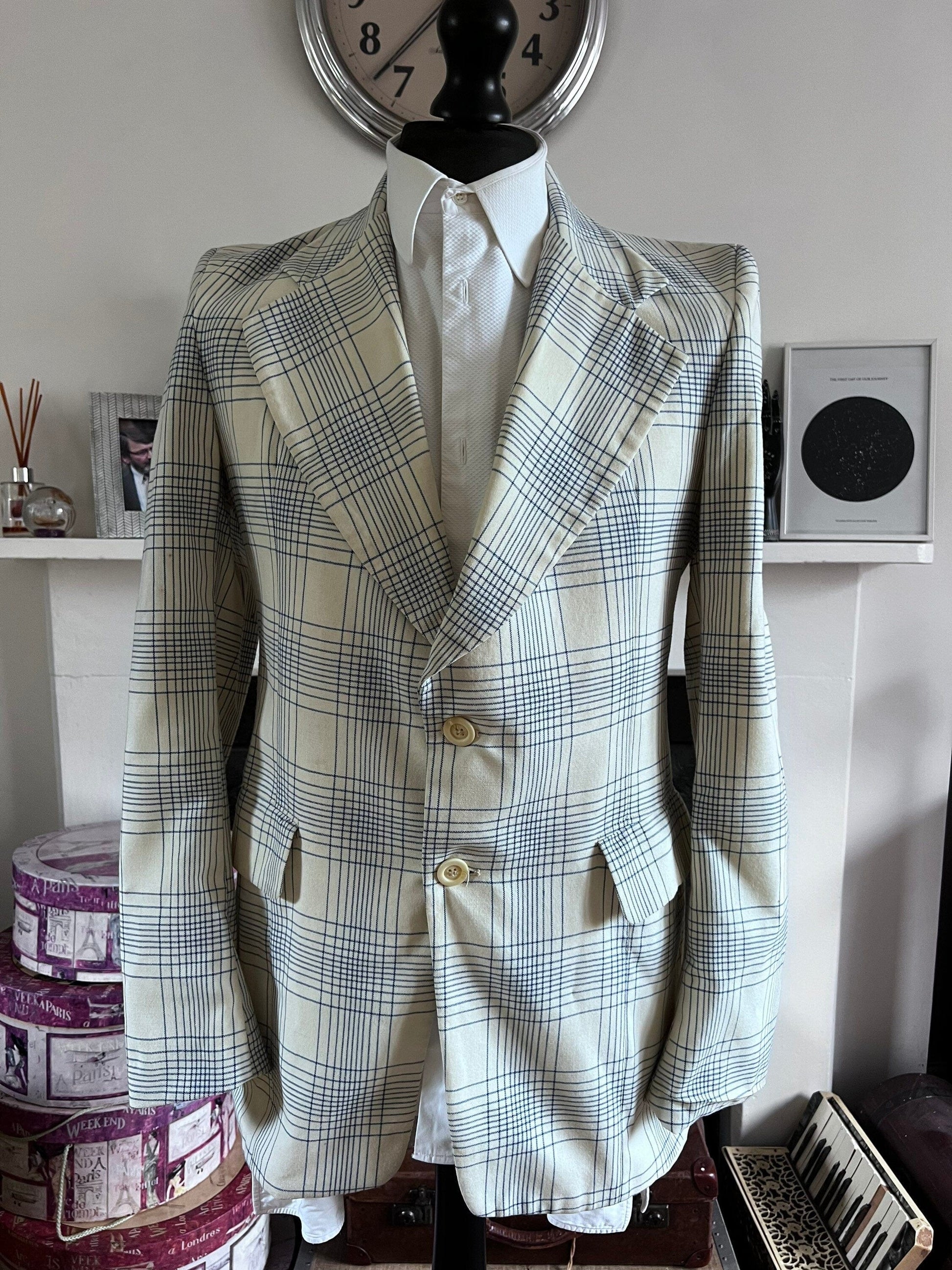 Men’s Vintage 60s Take 6 Jacket White Blue Check Plaid Jacket 1960s Vintage Dress Jacket, Vintage Blazer, Vintage Menswear, Vintage Jacket,