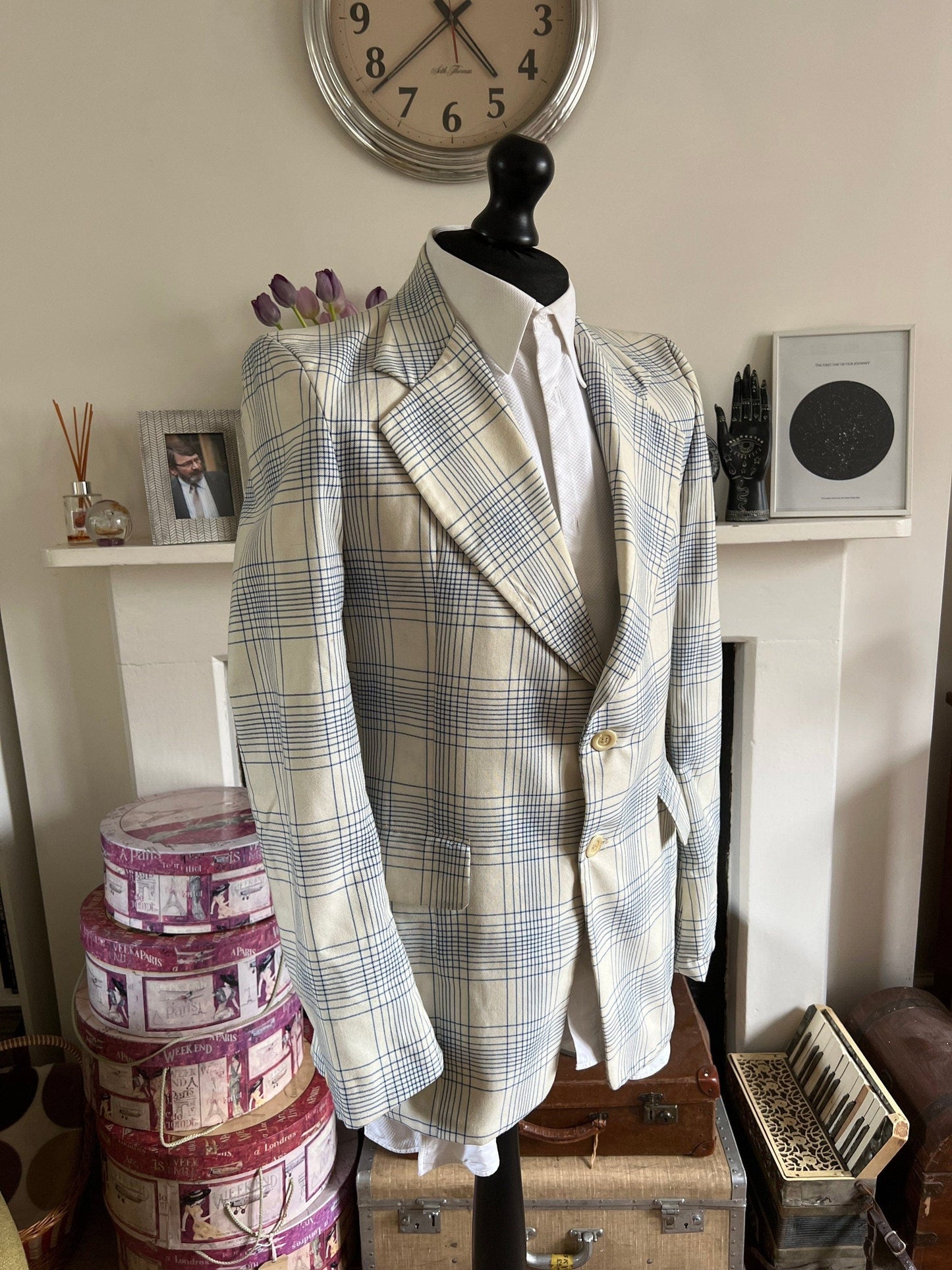 Men’s Vintage 60s Take 6 Jacket White Blue Check Plaid Jacket 1960s Vintage Dress Jacket, Vintage Blazer, Vintage Menswear, Vintage Jacket,