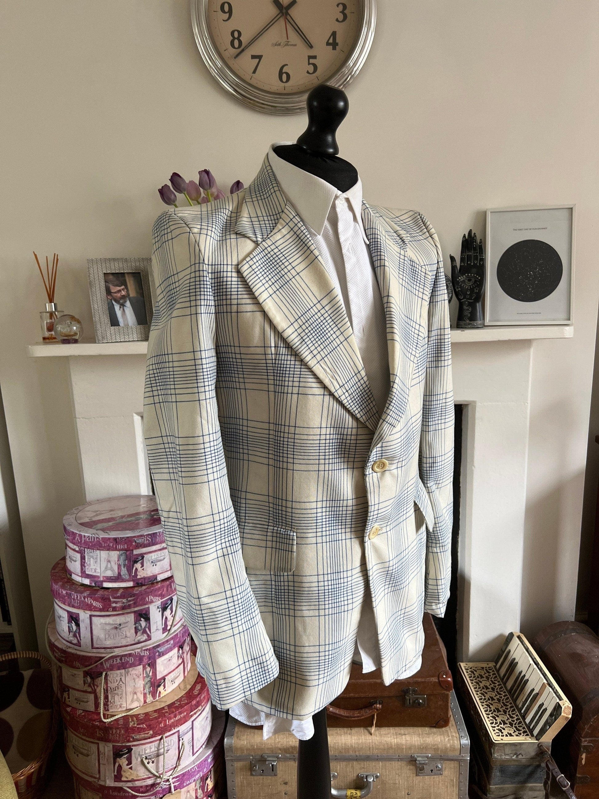 Men’s Vintage 60s Take 6 Jacket White Blue Check Plaid Jacket 1960s Vintage Dress Jacket, Vintage Blazer, Vintage Menswear, Vintage Jacket,