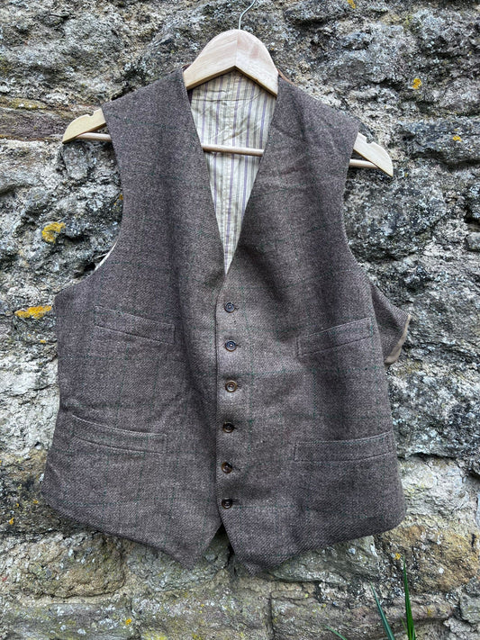 Mens 1950s Vintage Waistcoat Vest Tweed Check Brown Green 6 Button 4 Pocket Tweed waistcoat Men’s Vintage Vest, Vintage Tweed - some flaws