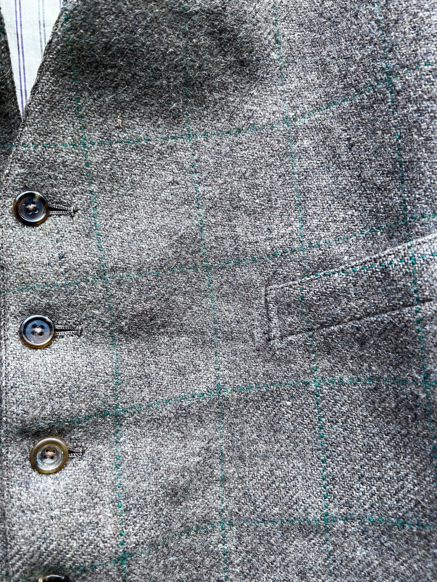 Mens 1950s Vintage Waistcoat Vest Tweed Check Brown Green 6 Button 4 Pocket Tweed waistcoat Men’s Vintage Vest, Vintage Tweed - some flaws