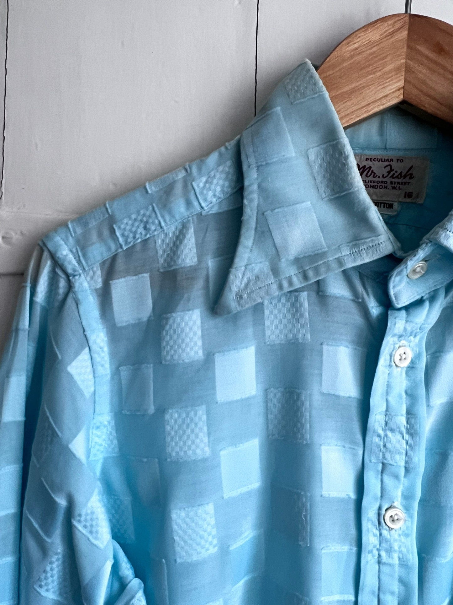 Mens 1960s Shirt Turquoise Button Down ,Peculiar to Mr Fish, Mens Vintage Cotton Shirt, 60s,Peacock Revolution, British Designer, double cuf