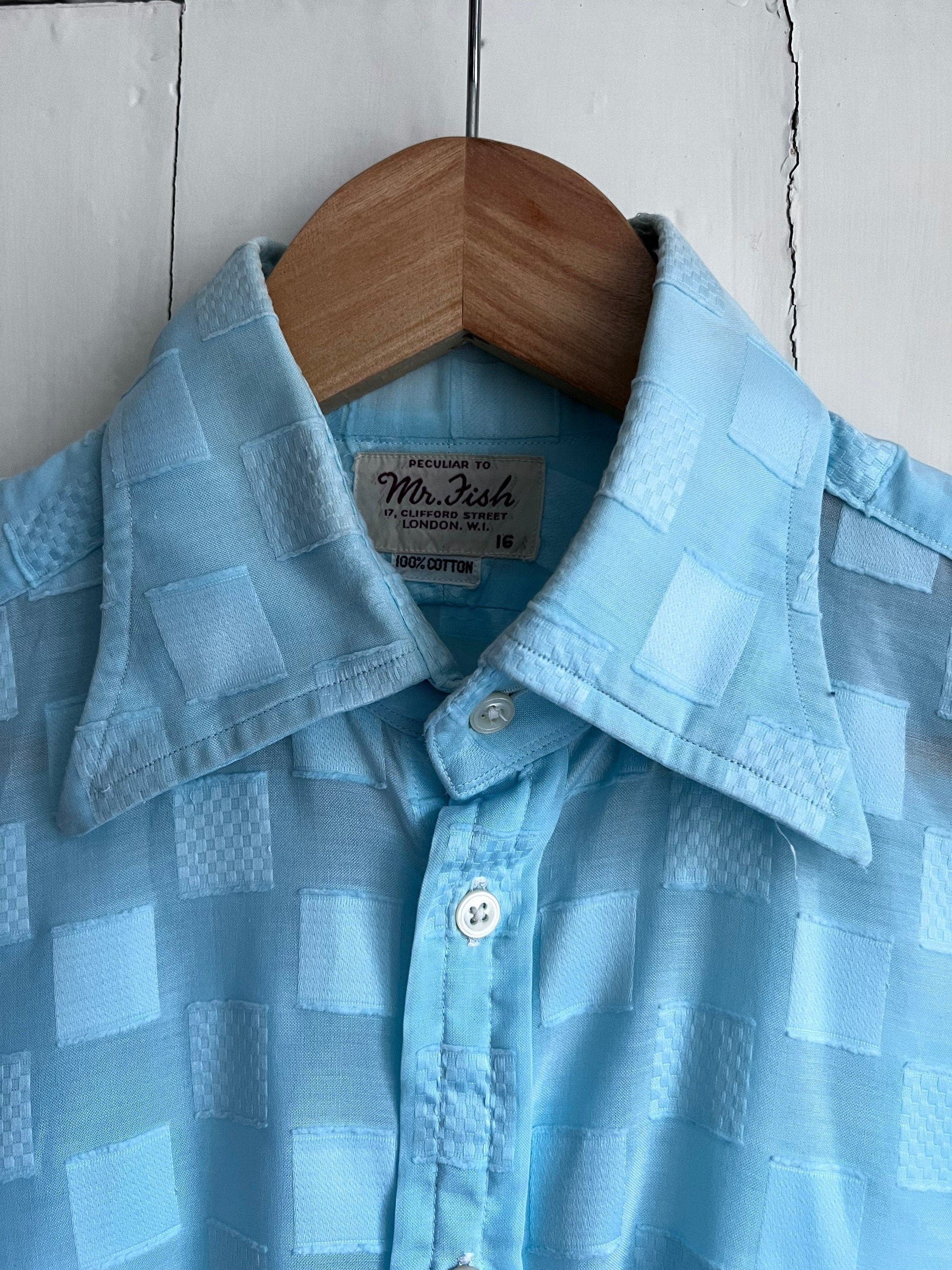 Mens 1960s Shirt Turquoise Button Down ,Peculiar to Mr Fish, Mens Vintage Cotton Shirt, 60s,Peacock Revolution, British Designer, double cuf
