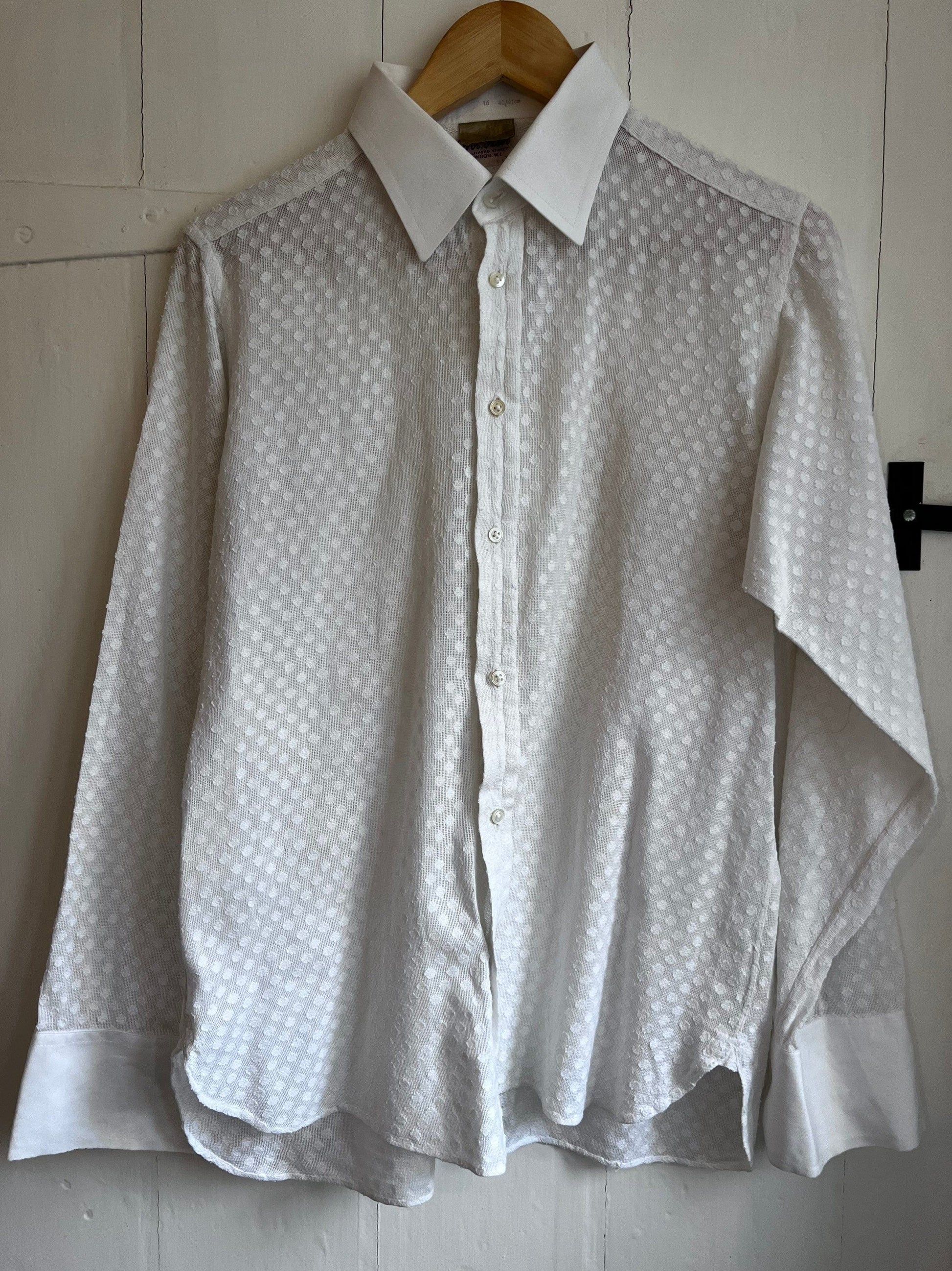Mens 1960s Silk Shirt white lace Button Down ,Peculiar to Mr Fish, Mens Vintage Silk Shirt, 60s,Peacock Revolution, British Designer,