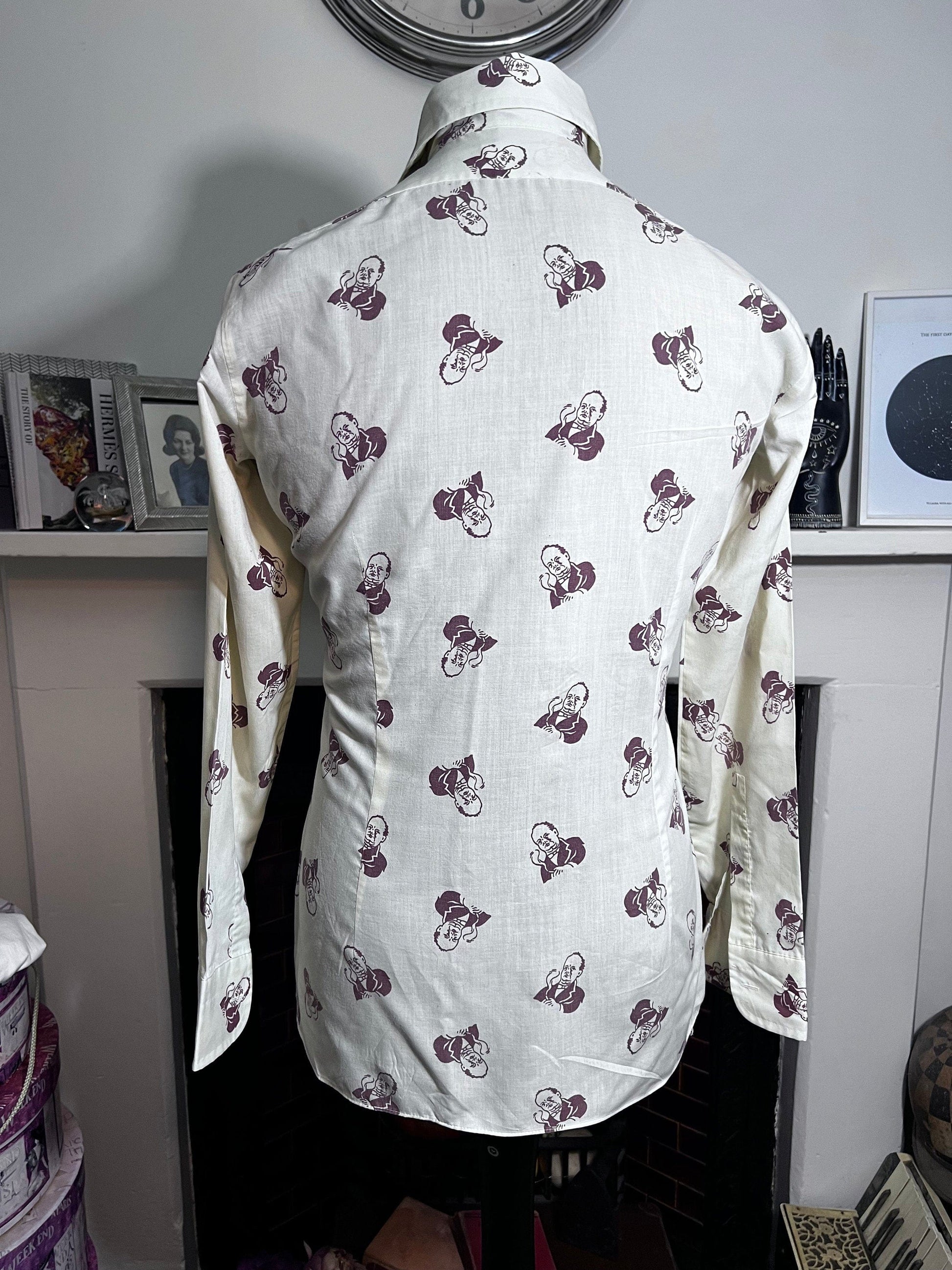 Mens 1970’s Vintage Shirt cream and brown Churchill pattern wester shirt, dagger collars, vintage shirt, vintage menswear, vinta mens shirt