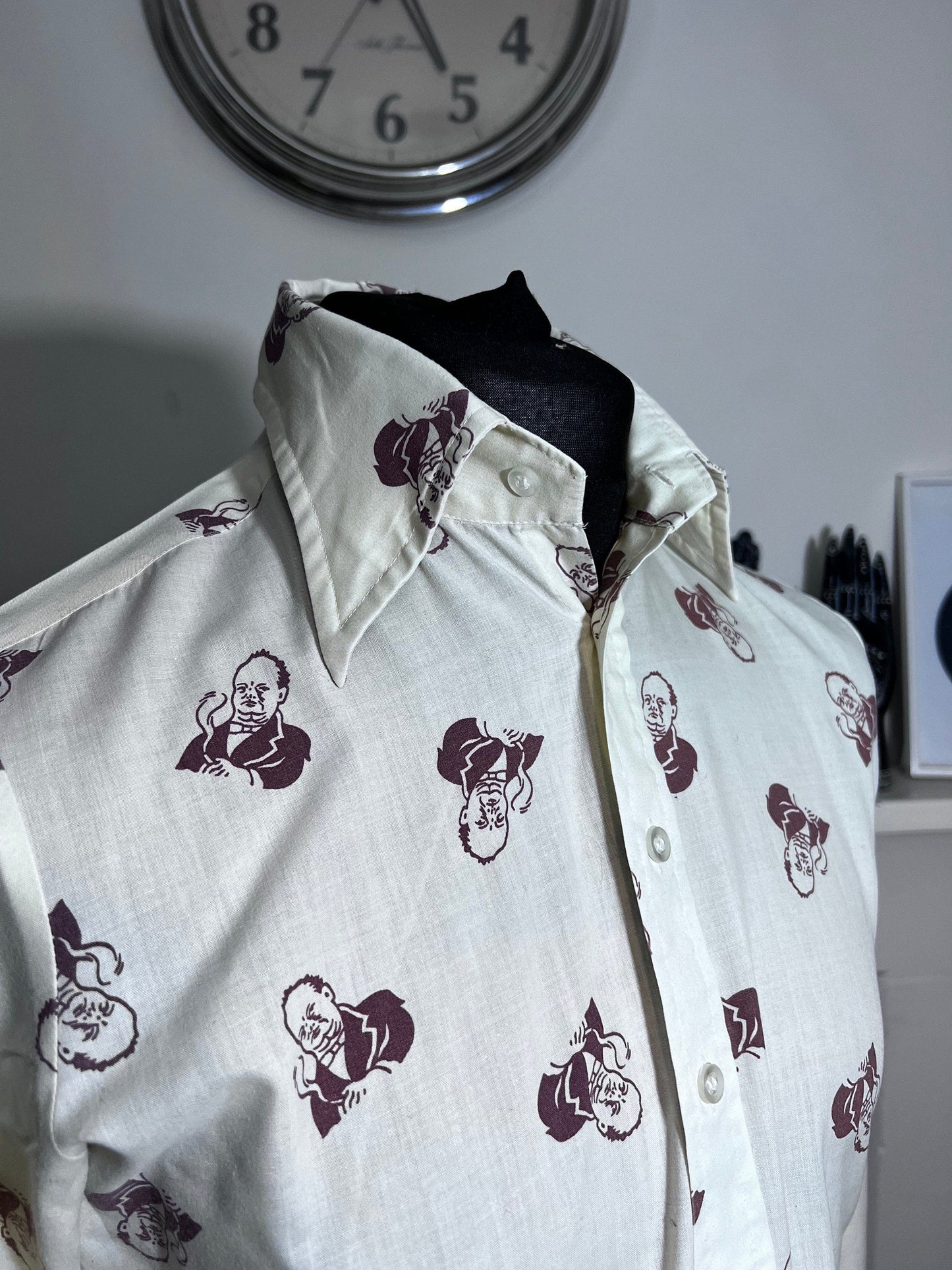Mens 1970’s Vintage Shirt cream and brown Churchill pattern wester shirt, dagger collars, vintage shirt, vintage menswear, vinta mens shirt