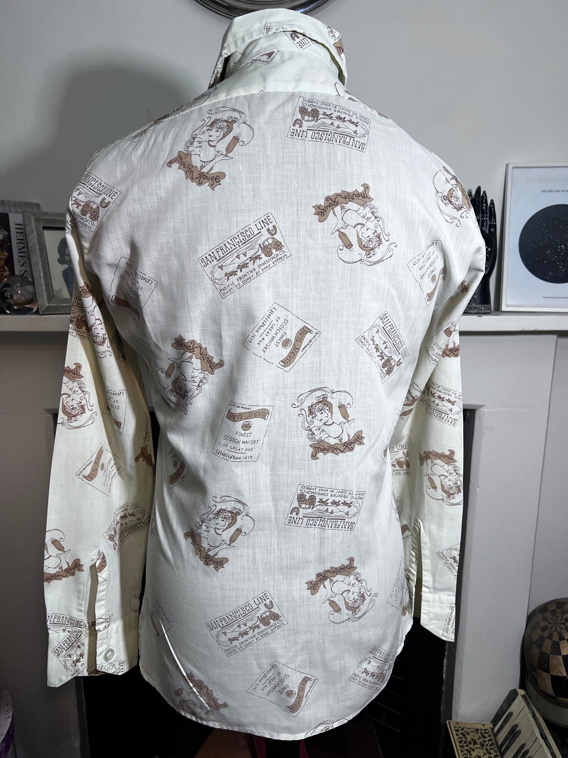 Mens 1970’s Vintage Shirt cream brown san fran pattern wester shirt, dagger collars, vintage shirt, vintage menswear, vintage mens shirt 70