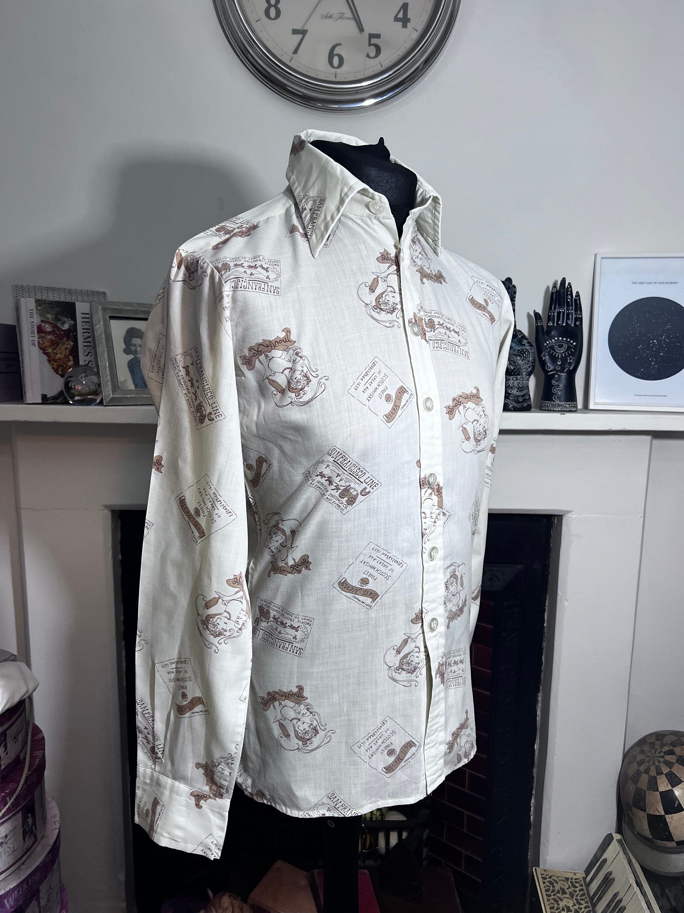 Mens 1970's Vintage Shirt cream brown san fran pattern wester