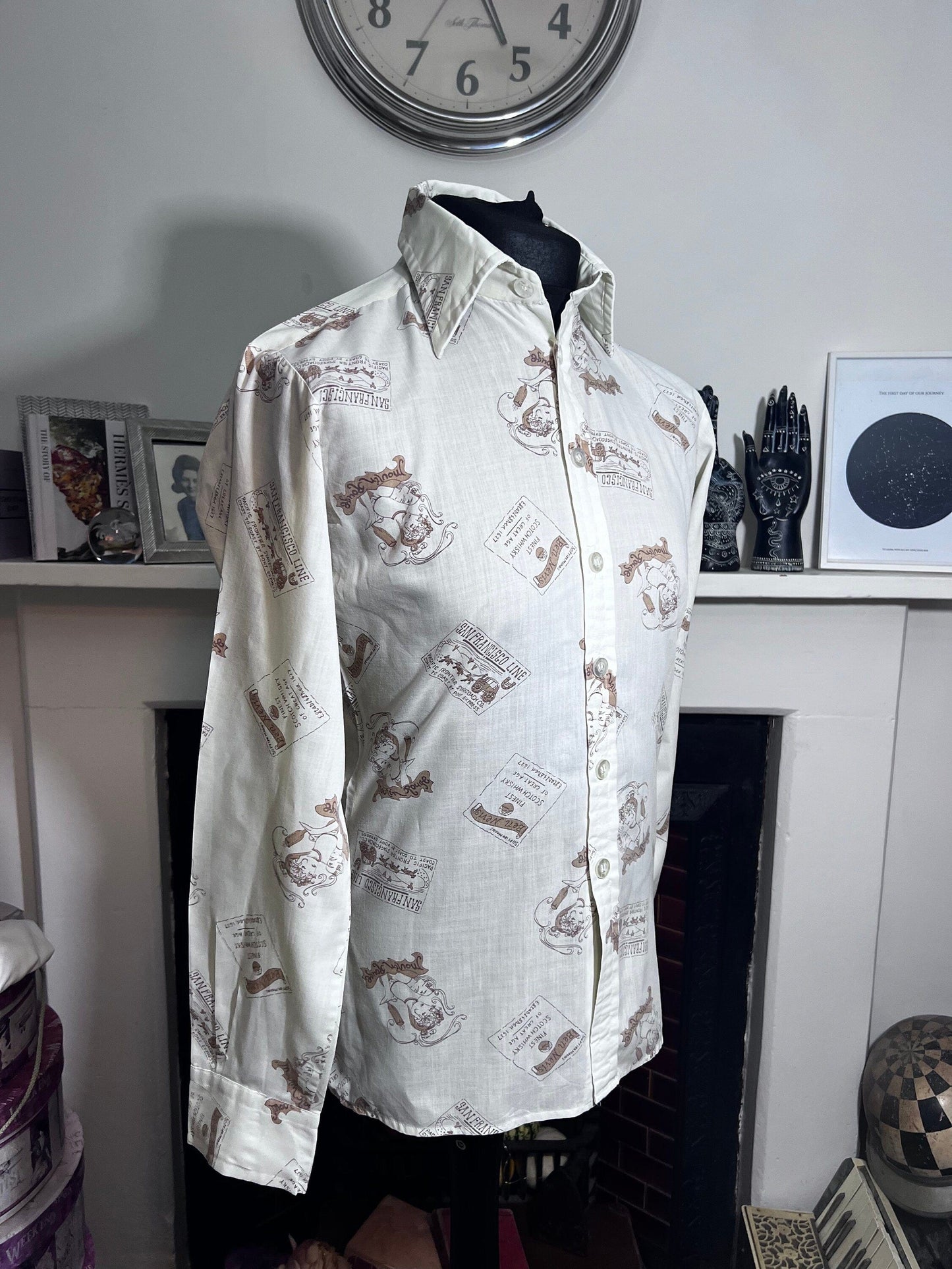 Mens 1970’s Vintage Shirt cream brown san fran pattern wester shirt, dagger collars, vintage shirt, vintage menswear, vintage mens shirt 70
