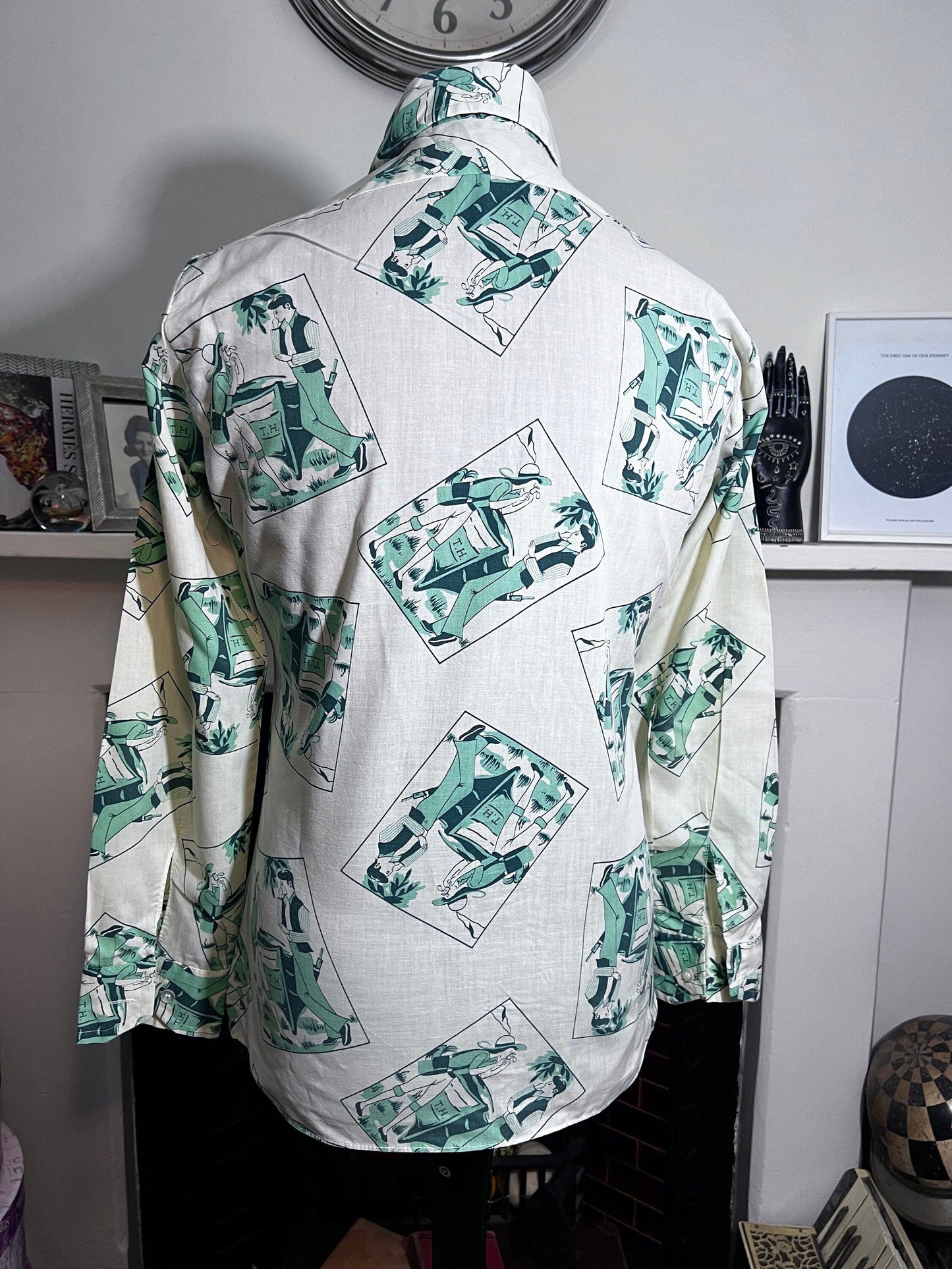 Mens 1970’s Vintage Shirt cream green camping boating, pattern wester shirt, dagger collars, vintage shirt, vintage menswear, mens shirt 70