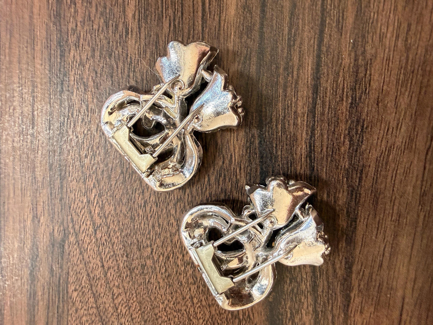 Pair Vintage 1950s Diamanté Fur Dress Clips – Floral Rhinestone Double Prong Statement Jewellery