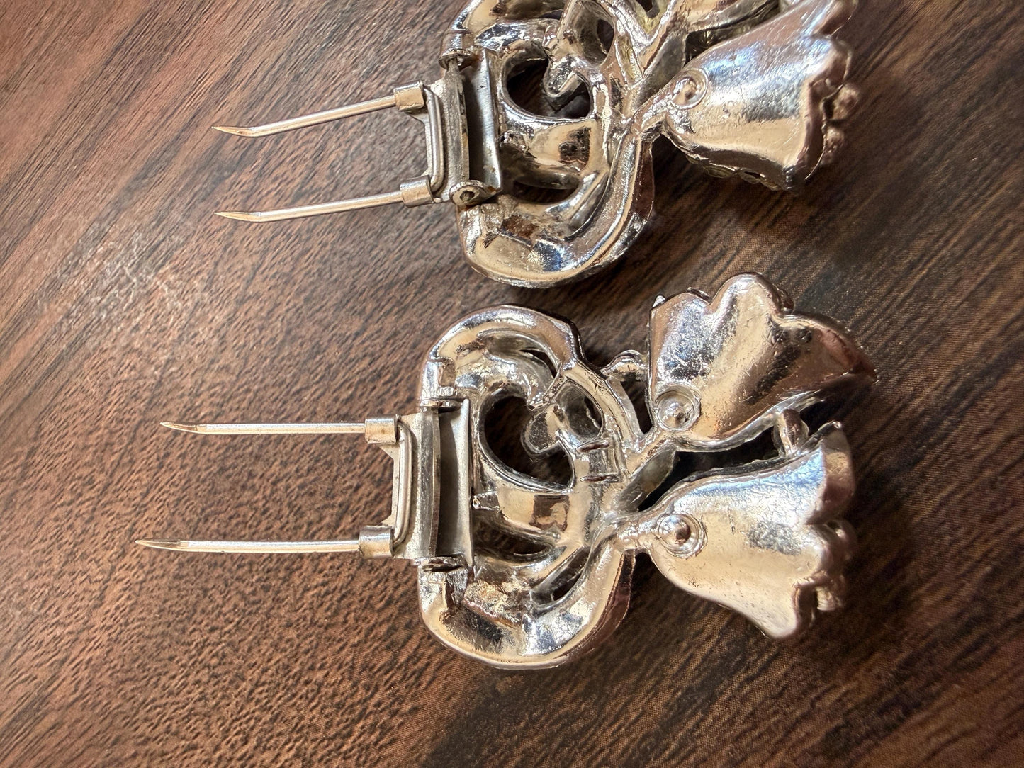 Pair Vintage 1950s Diamanté Fur Dress Clips – Floral Rhinestone Double Prong Statement Jewellery