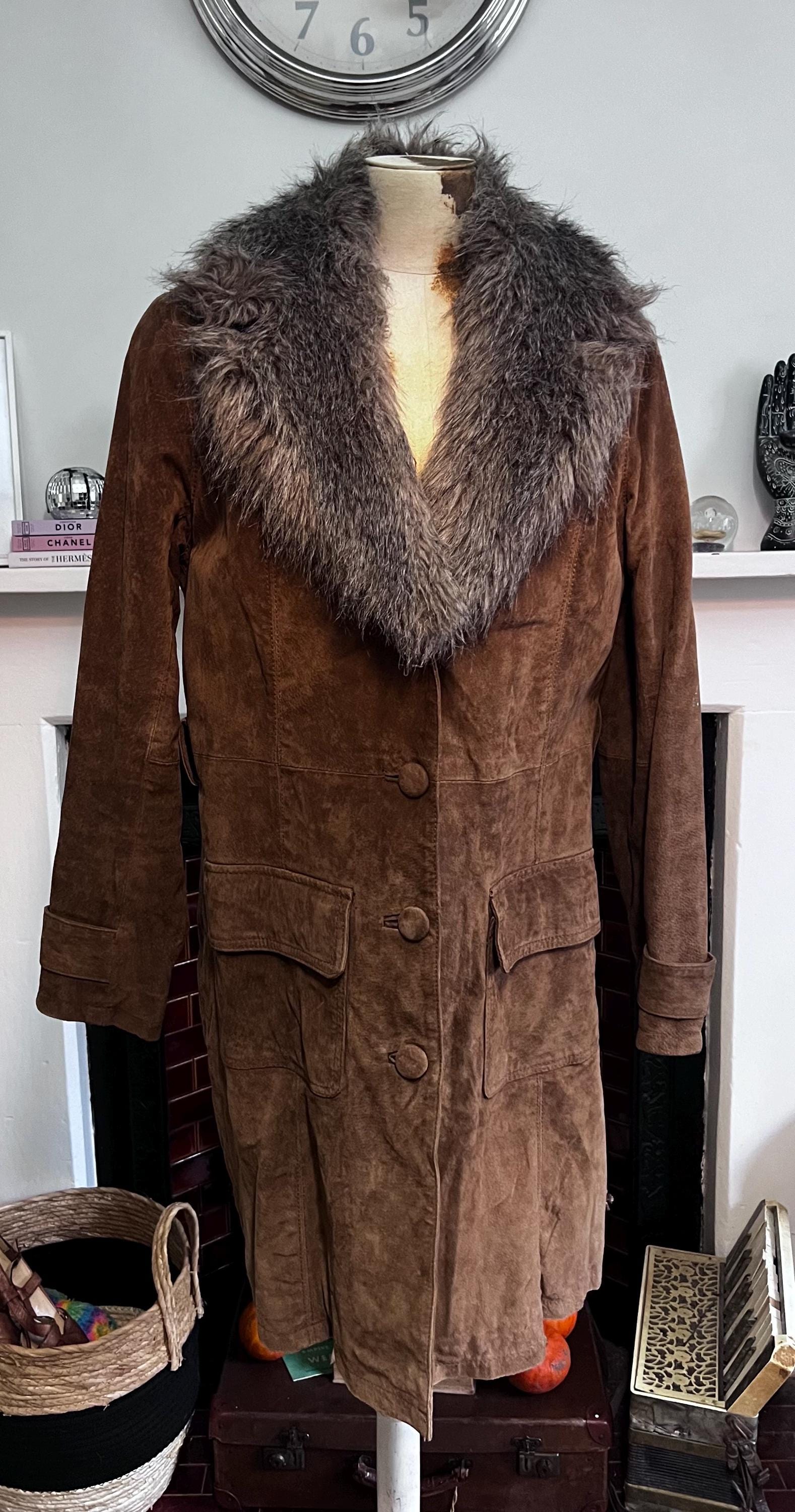 Penny lane vintage brown suede coat with faux fur collar,