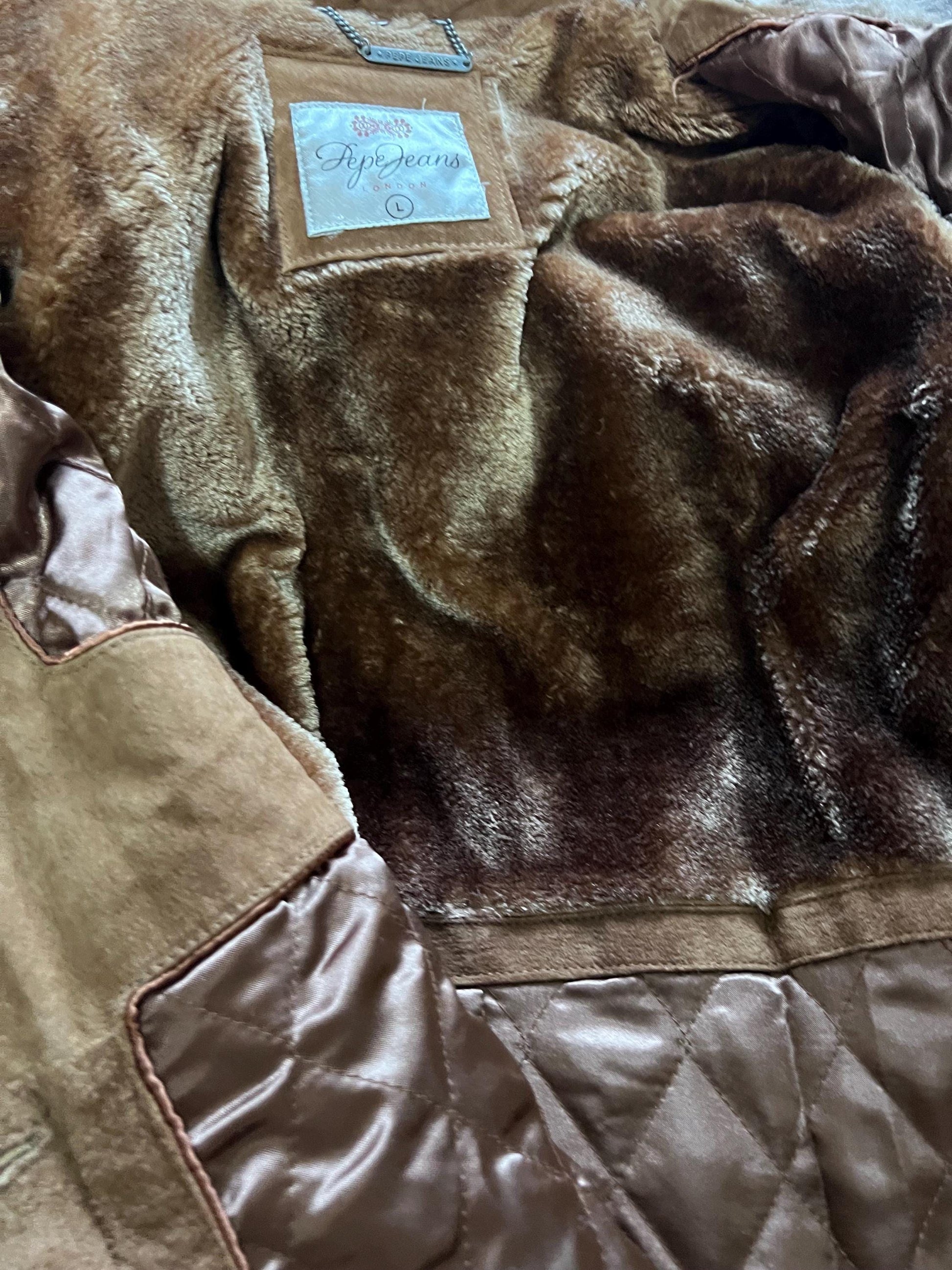Penny lane vintage brown suede coat with faux fur collar,