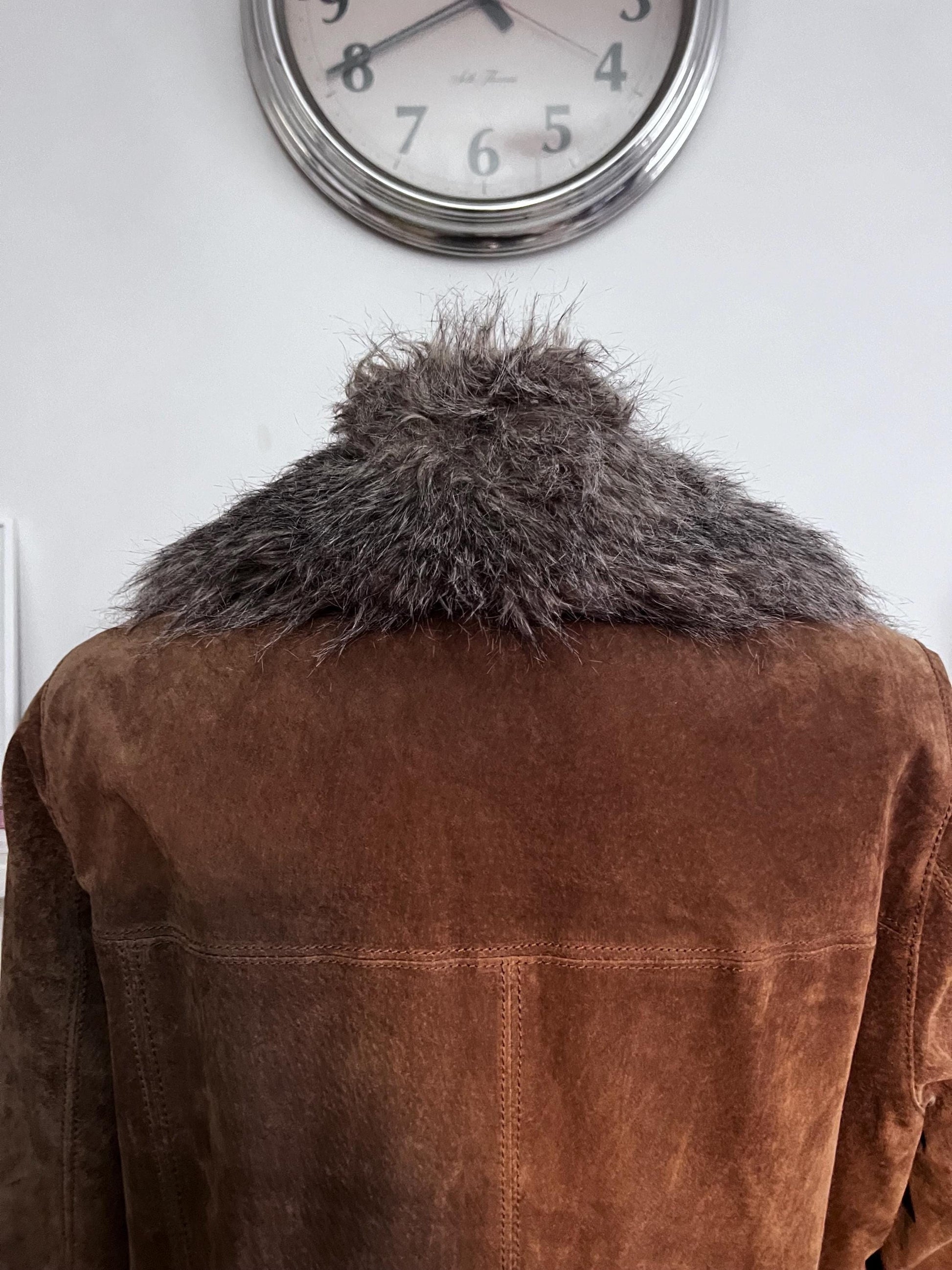 Penny lane vintage brown suede coat with faux fur collar,