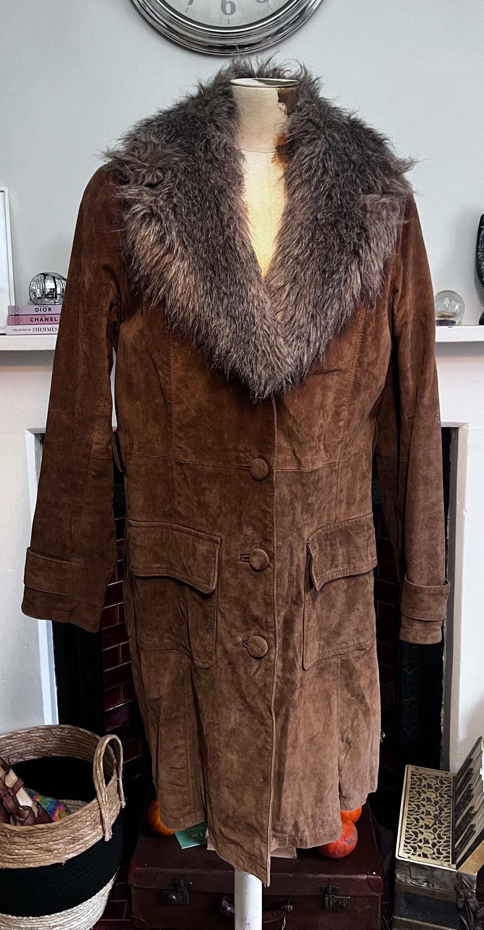 Penny lane vintage brown suede coat with faux fur collar,