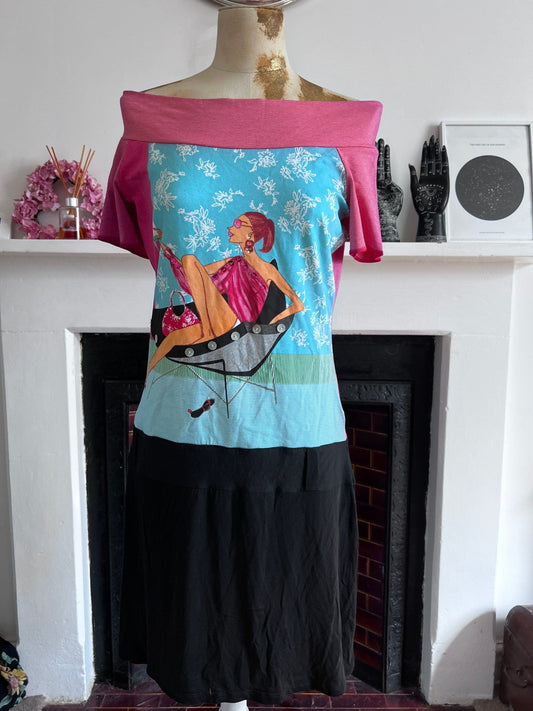 Pink Black Vintage Jersey Dress - Sunbathing Lady Dress - Off the shoulder summer dress in cute jersey fabric