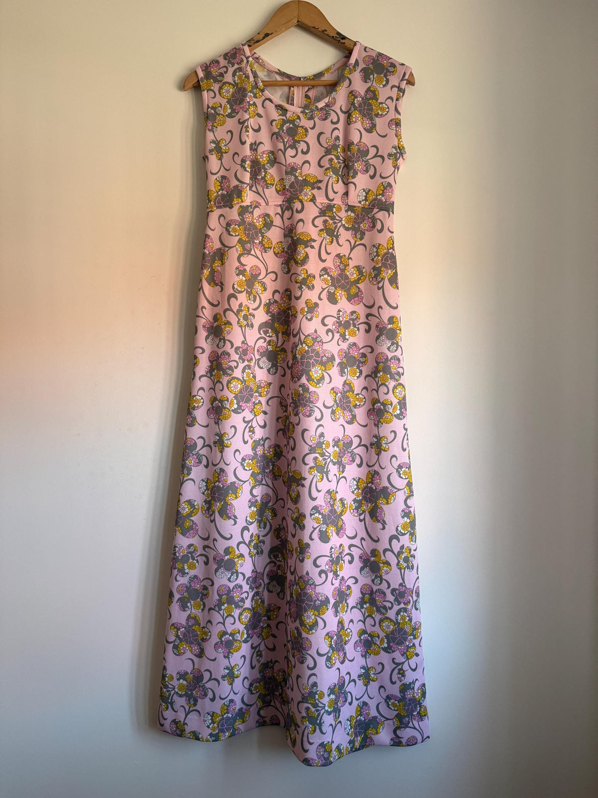 Pink Floral Maxi Dress, Flower Power Print, Scoop Neck High Waist