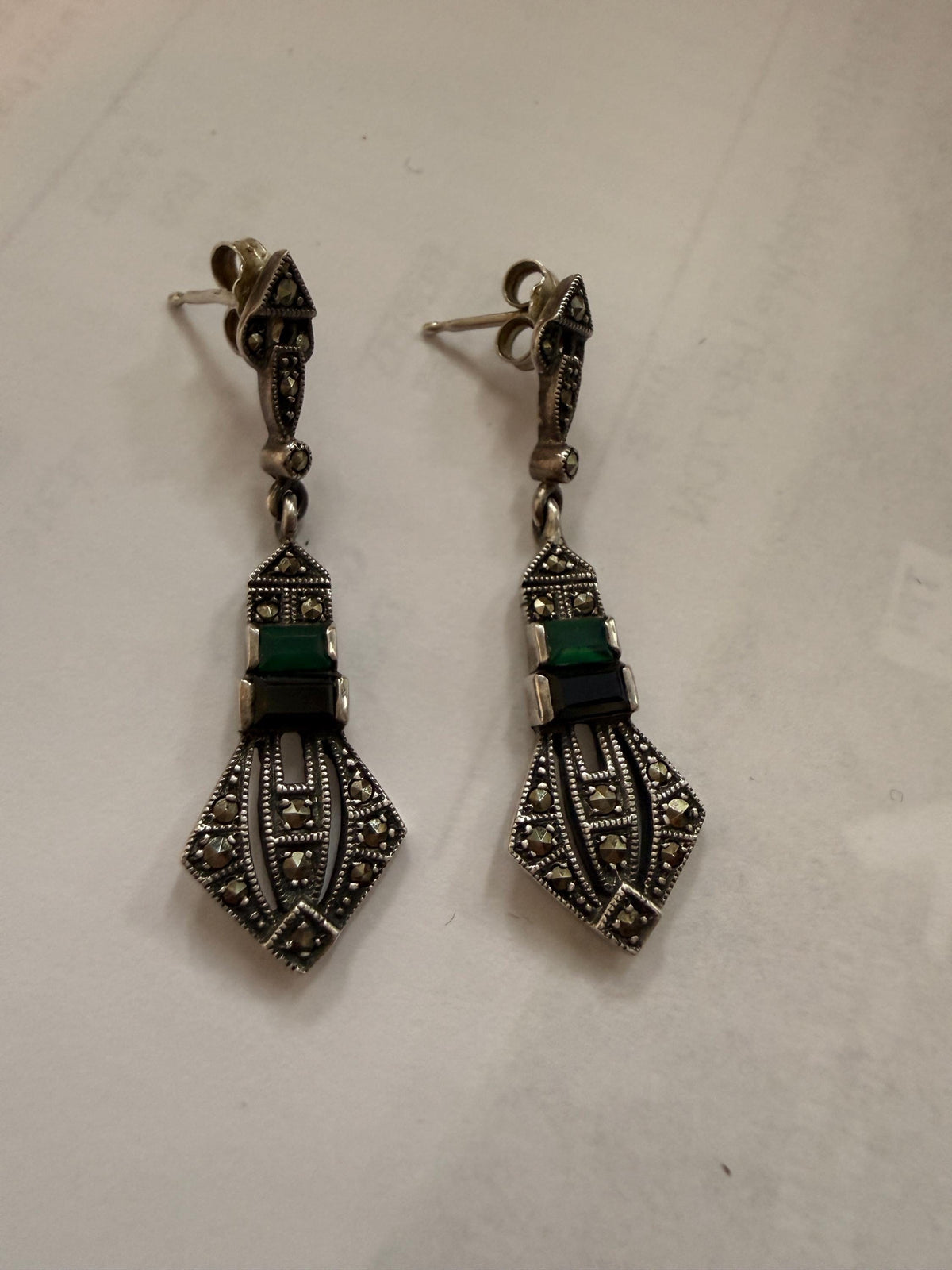 Sterling Silver Art Deco Drop Earrings, Marcasite, Green Black Stones, 925 ARI 1990