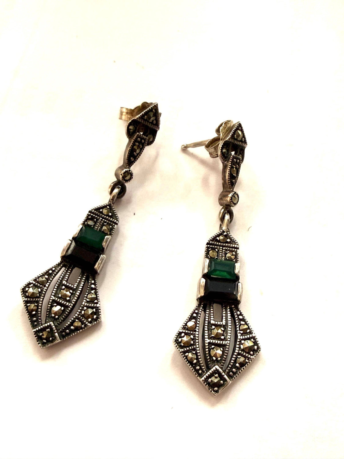 Sterling Silver Art Deco Drop Earrings, Marcasite, Green Black Stones, 925 ARI 1990