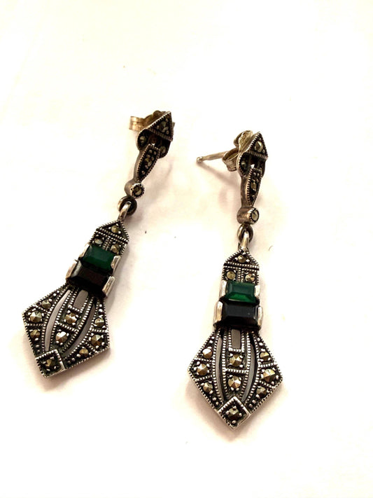 Sterling Silver Art Deco Drop Earrings, Marcasite, Green Black Stones, 925 ARI 1990